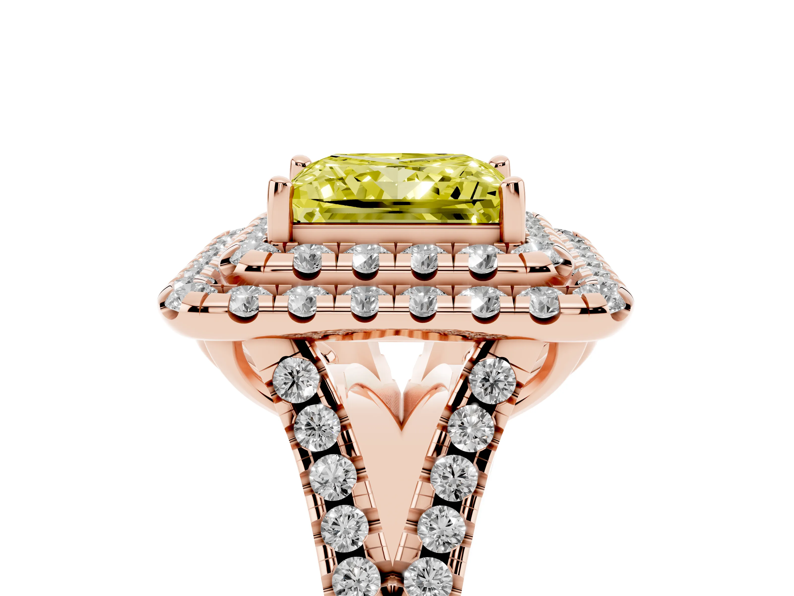 Fancy Yellow Princess Cut Diamond Double Halo Ring Set in Rose gold with Pavé Split Shank and Prong Setting