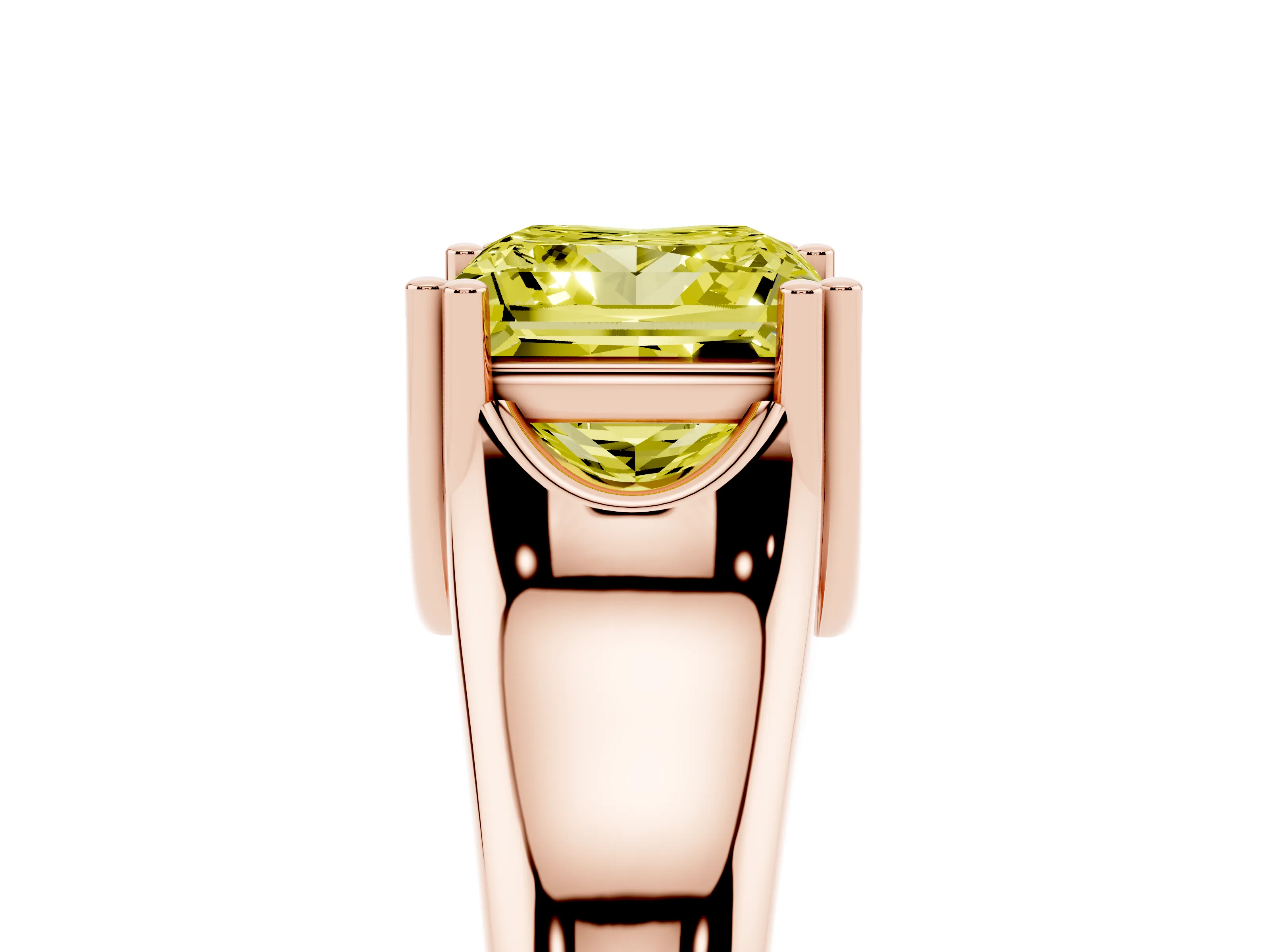 Fancy Yellow Princess Cut Diamond Solitaire Ring Set in Rose gold with Wide Band and Prong Setting