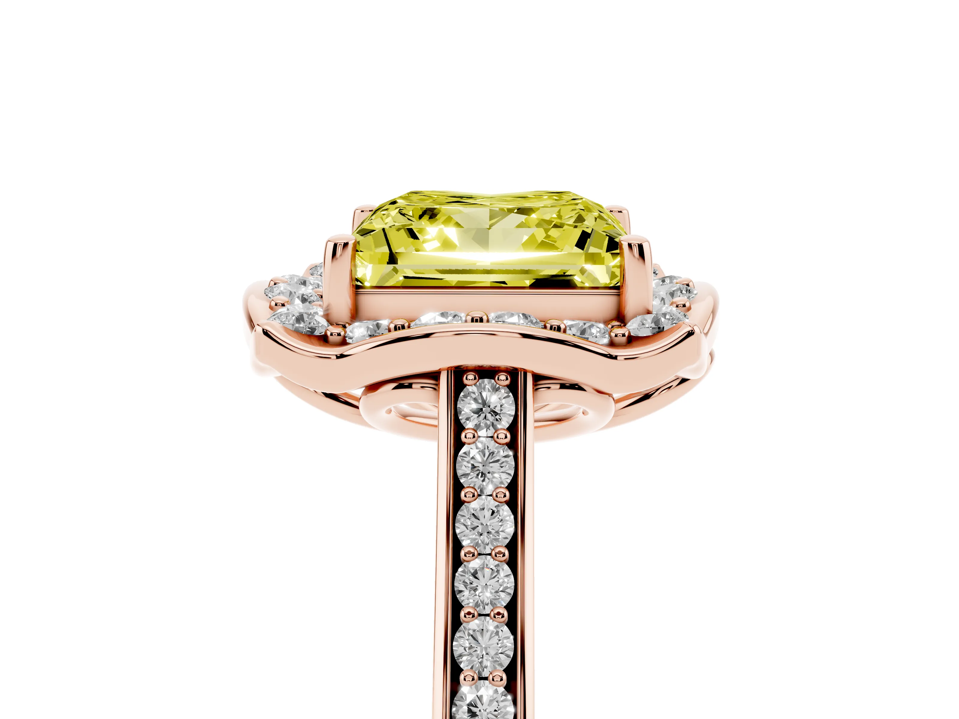 Fancy Yellow Princess Cut Diamond Halo Ring Set in Rose gold with Pavé-Lined Shoulders and Prong Setting
