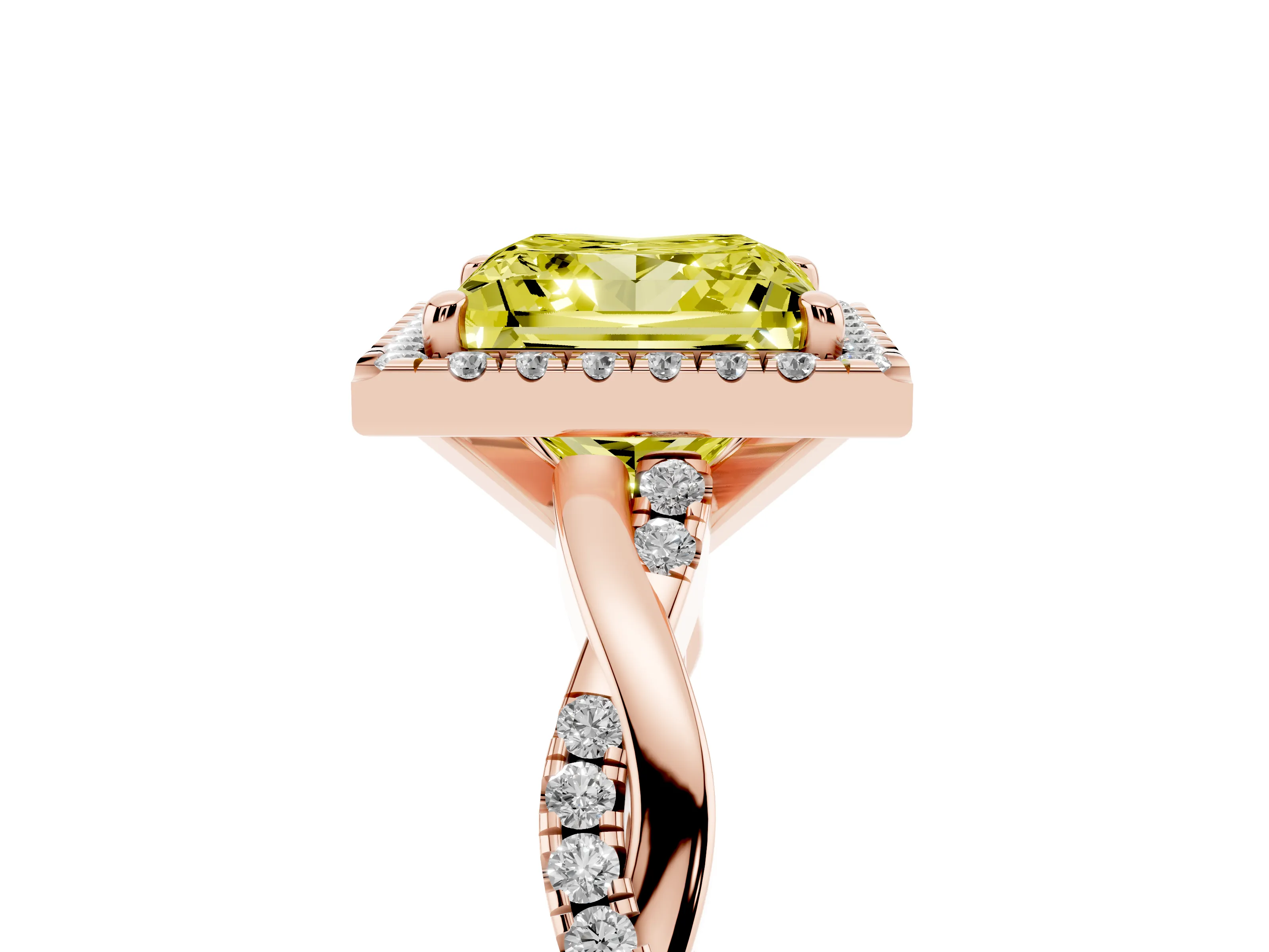 Fancy Yellow Princess Cut Diamond Halo Twisted Band Ring Set in Rose gold with Prong Setting