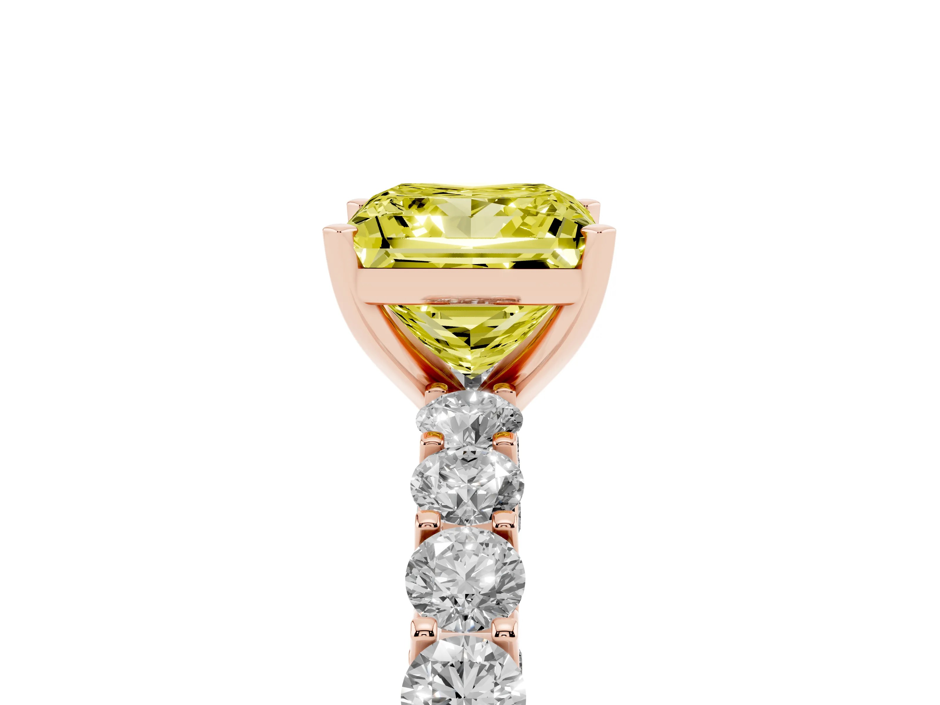 Fancy Yellow Princess Cut Diamond Solitaire Ring Set in Rose gold with Shared Prong Pavé Band