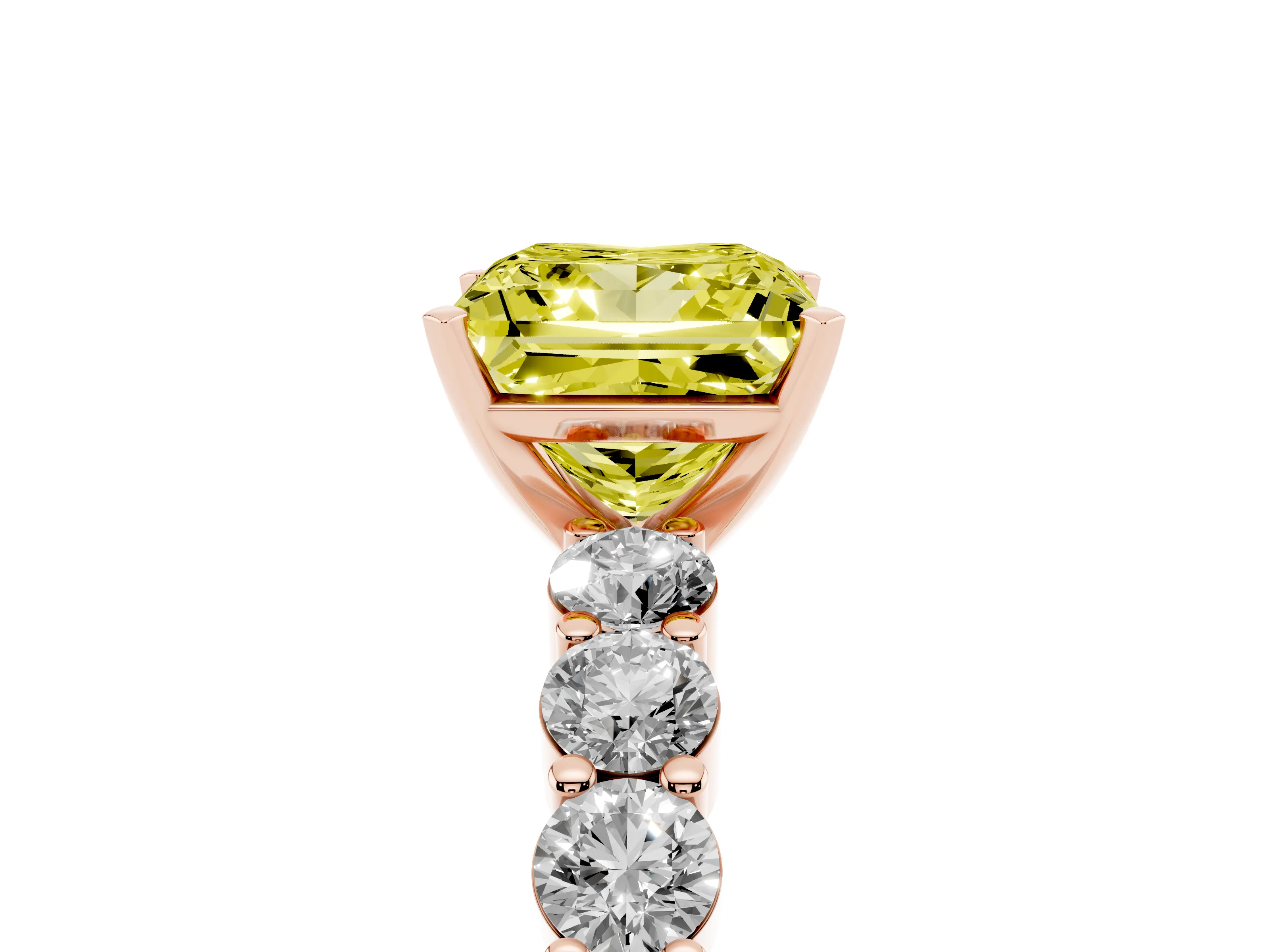 Fancy Yellow Princess Cut Diamond Solitaire Ring Set in Rose gold with Shared Prong Round Side Stones