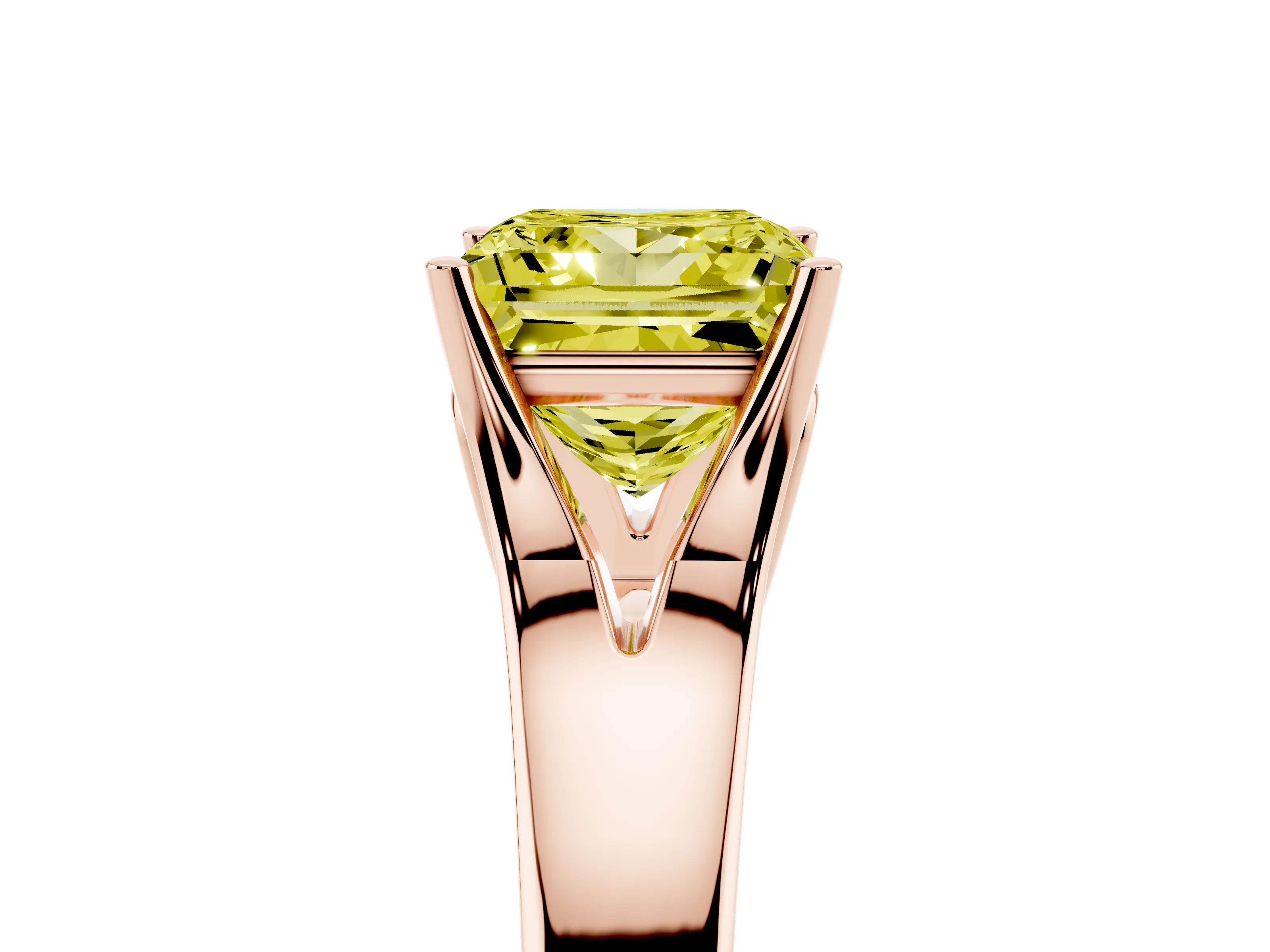 Fancy Yellow Princess Cut Diamond Solitaire Ring Set in Rose gold with Arched Cathedral Band and Prong Setting