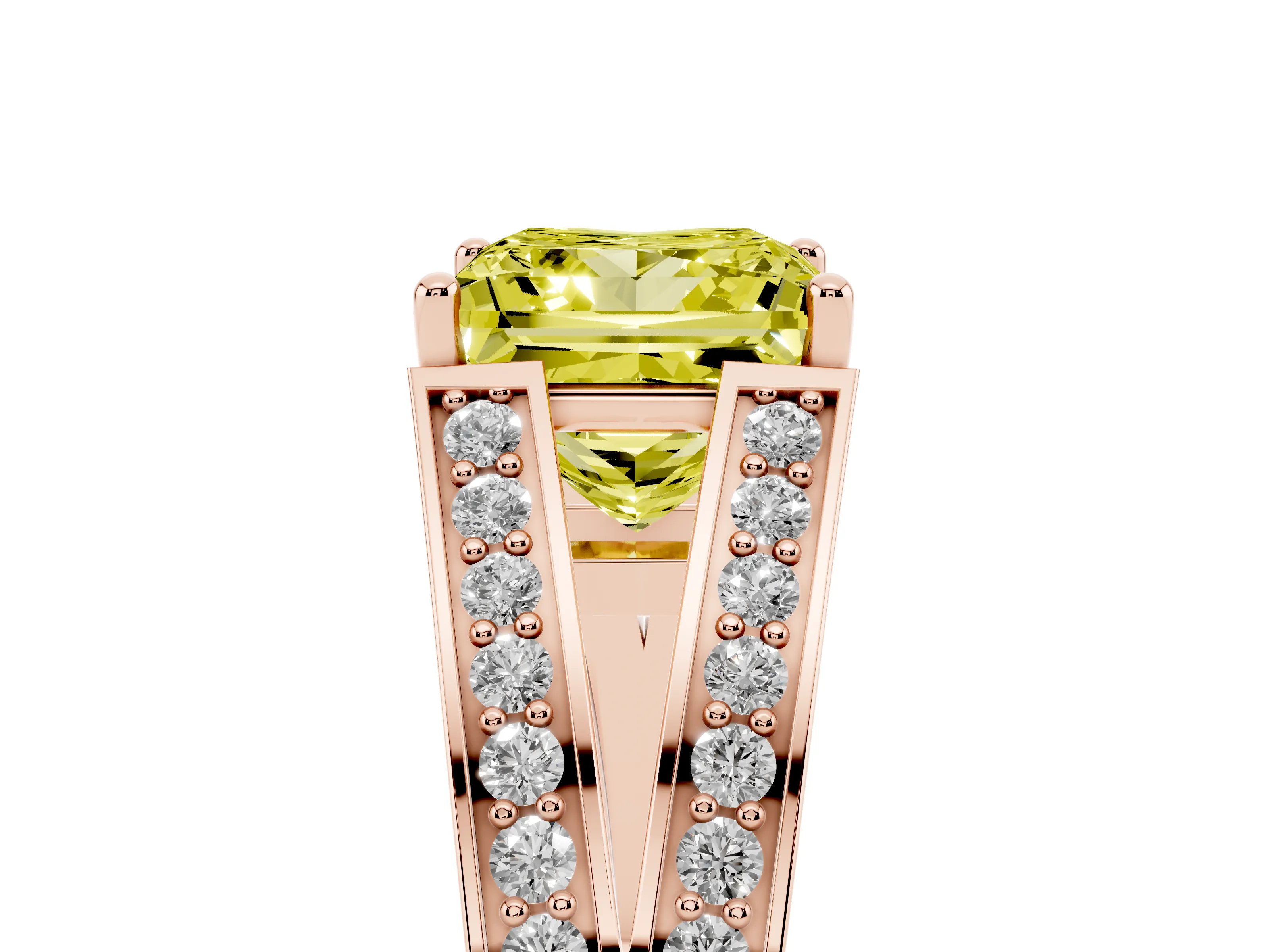 Fancy Yellow Princess Cut Diamond Split Shank Ring Set in Rose gold with Pavé Band and Prong Setting