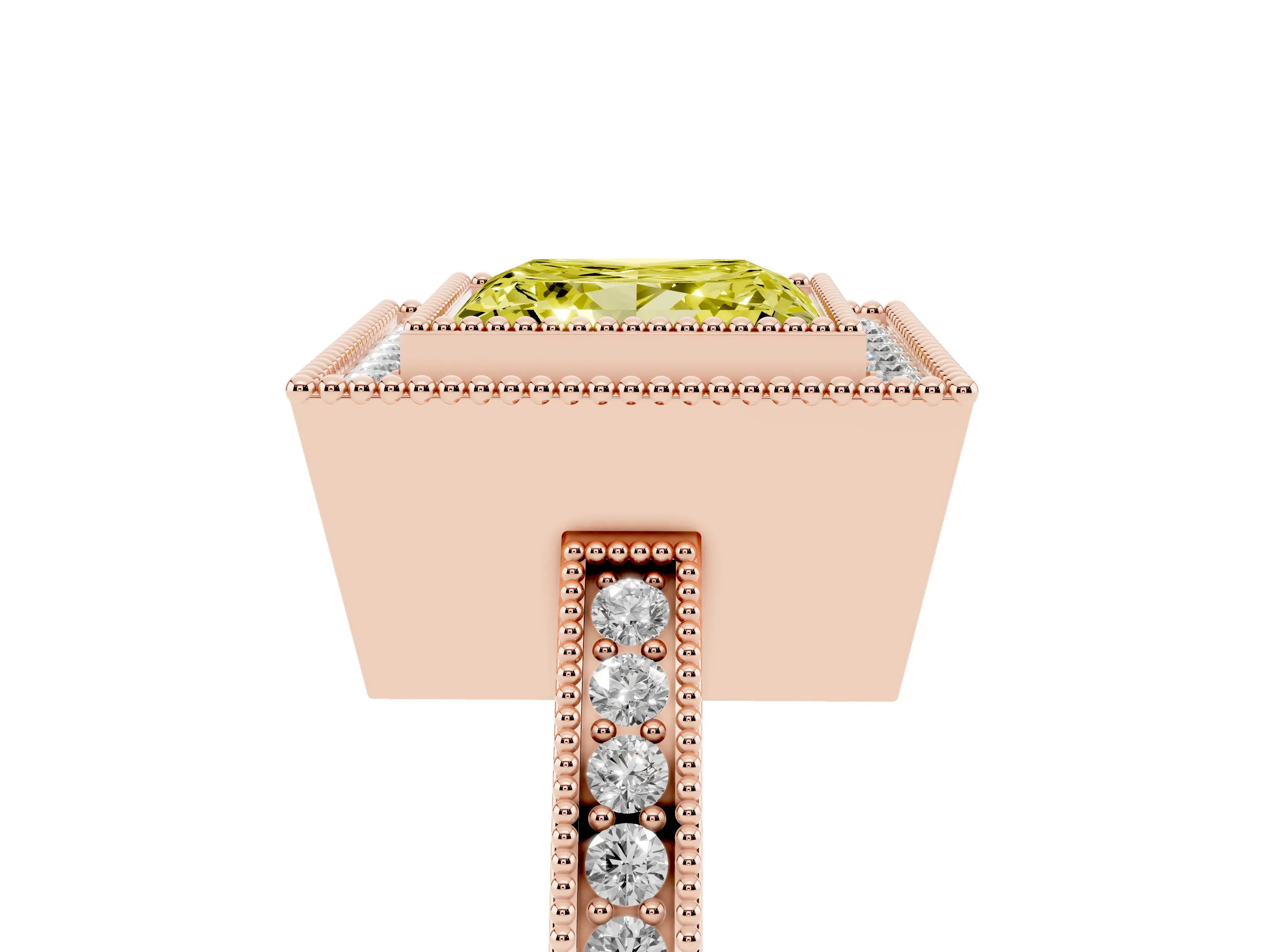 Fancy Yellow Princess Cut Diamond Halo Ring Set in Rose gold with Pavé Band and Milgrain-Edged Prongs