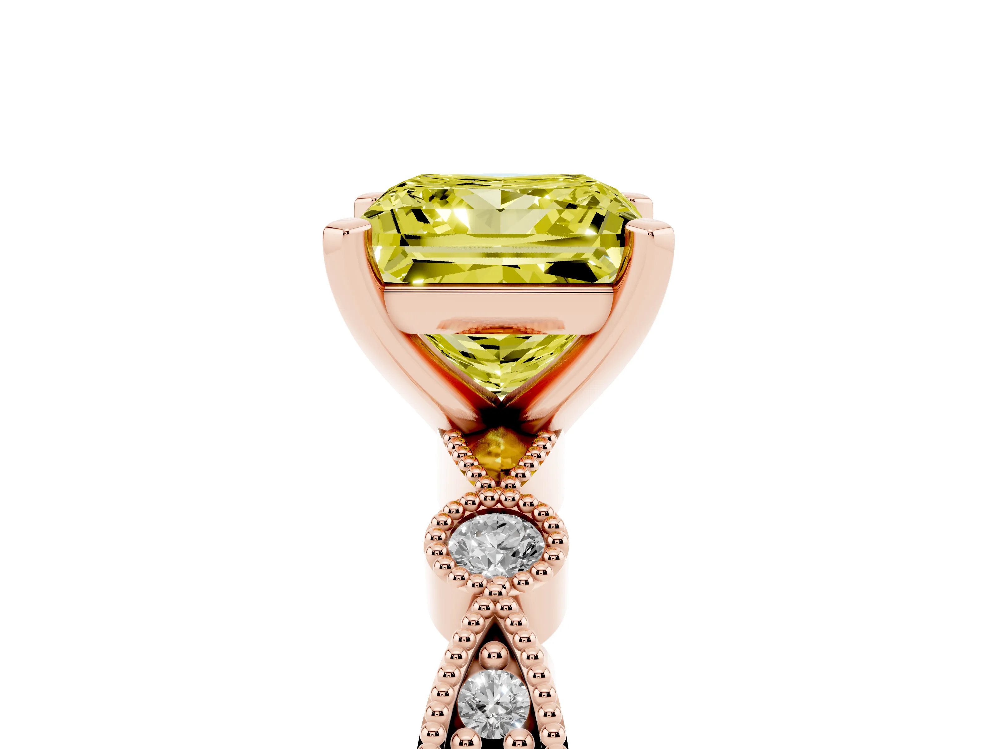 Fancy Yellow Princess Cut Diamond Solitaire Engagement Ring Set in Rose gold with Milgrain Bezel Accent Band