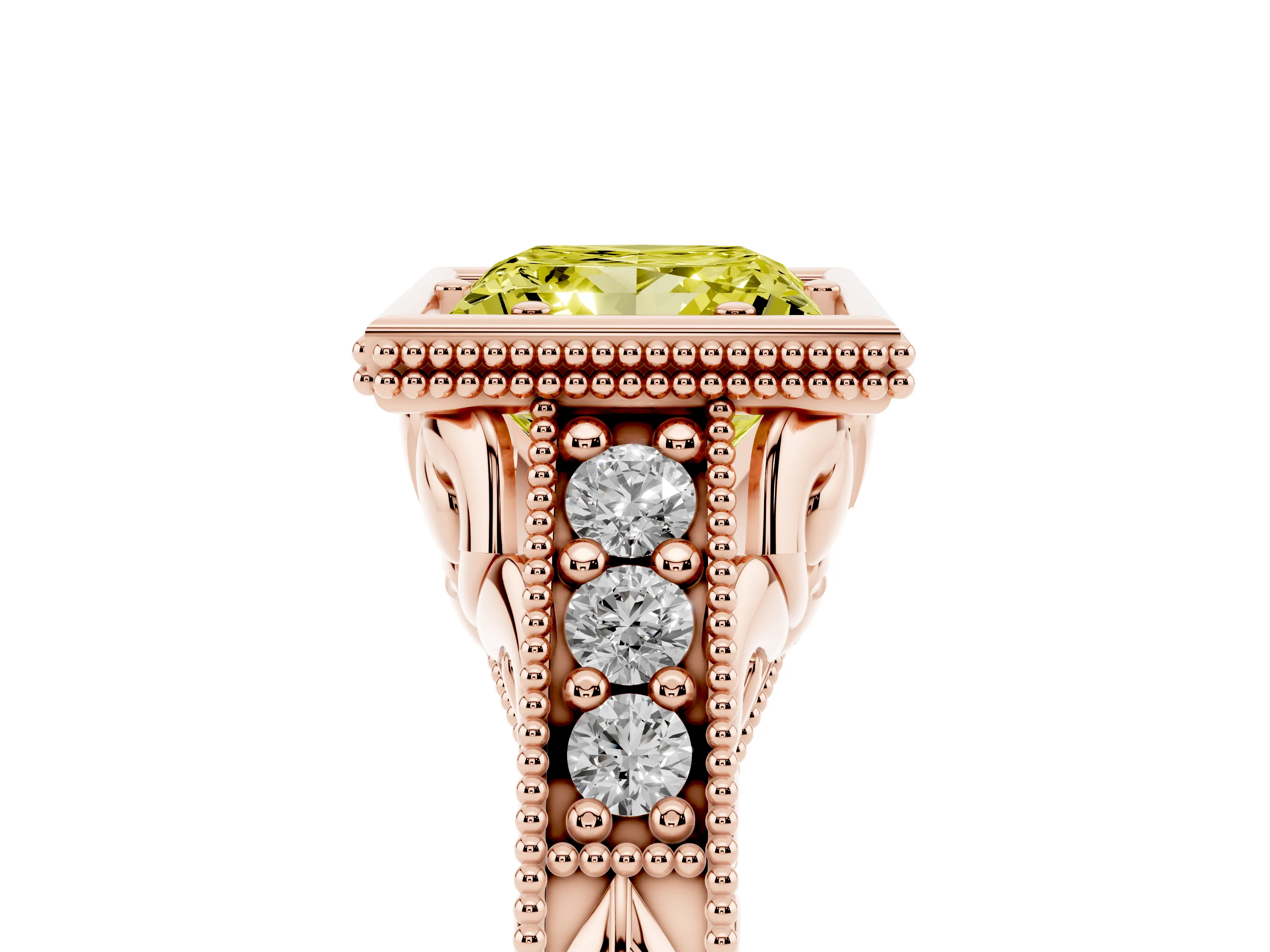 Fancy Yellow Bezel Set Princess Cut Diamond Milgrain Pavé Engagement Ring Set in Rose gold