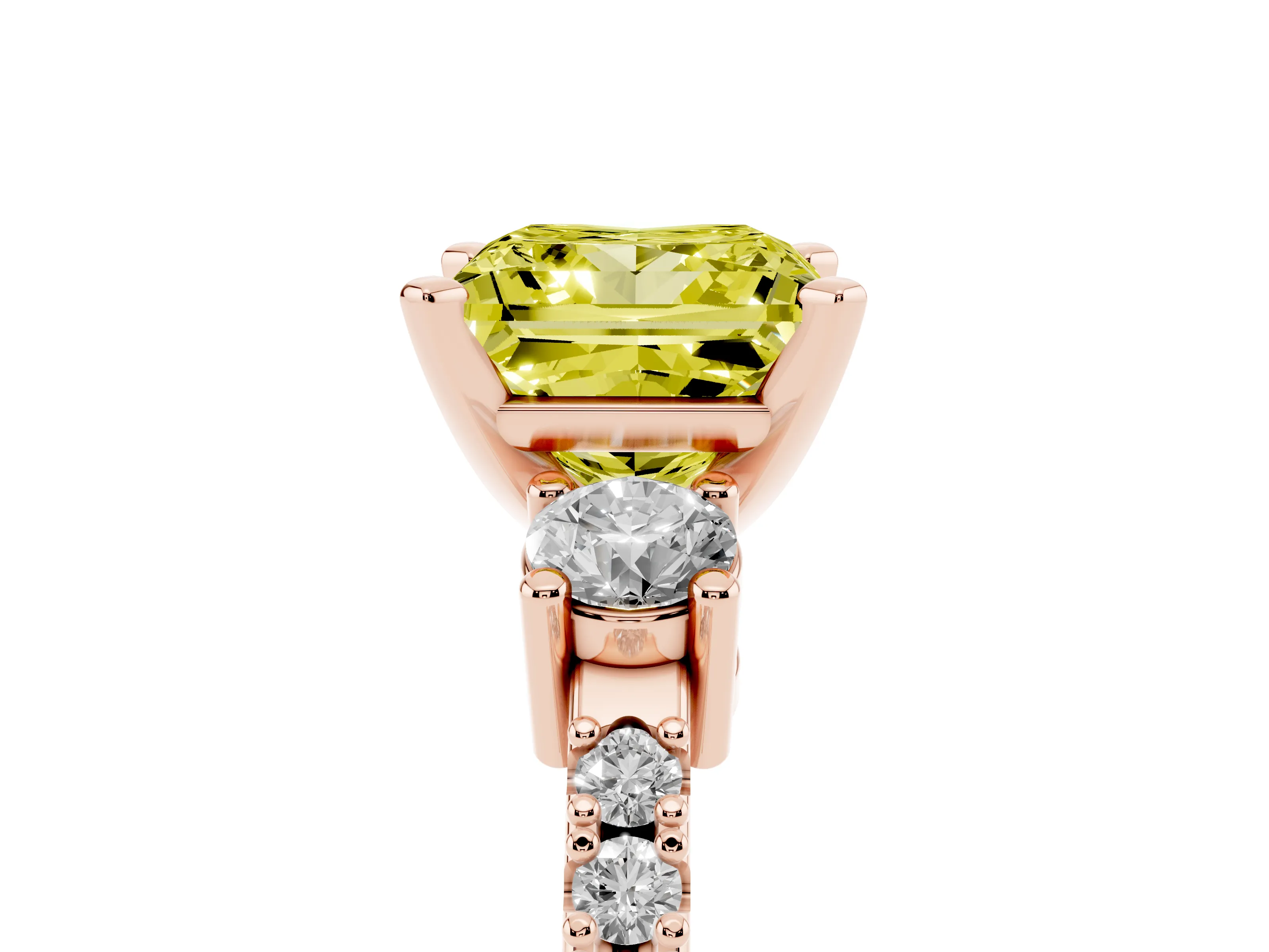 Fancy Yellow Three-Stone Princess Cut Diamond Pavé Band Ring Set in Rose gold with Prong Setting