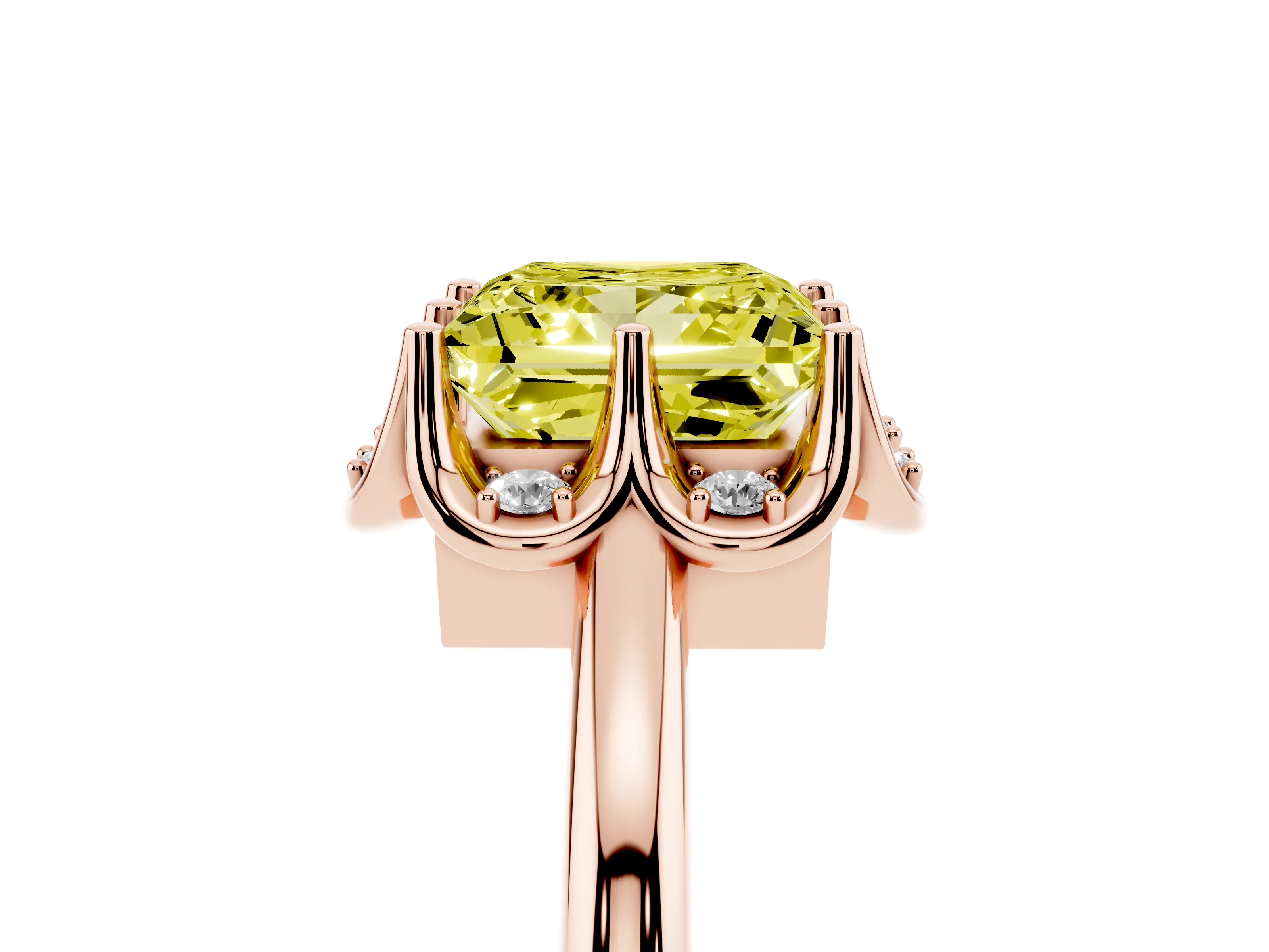 Fancy Yellow Princess Cut Diamond Round Cluster Halo Ring Set in Rose gold with Solitaire Band and Prong Setting