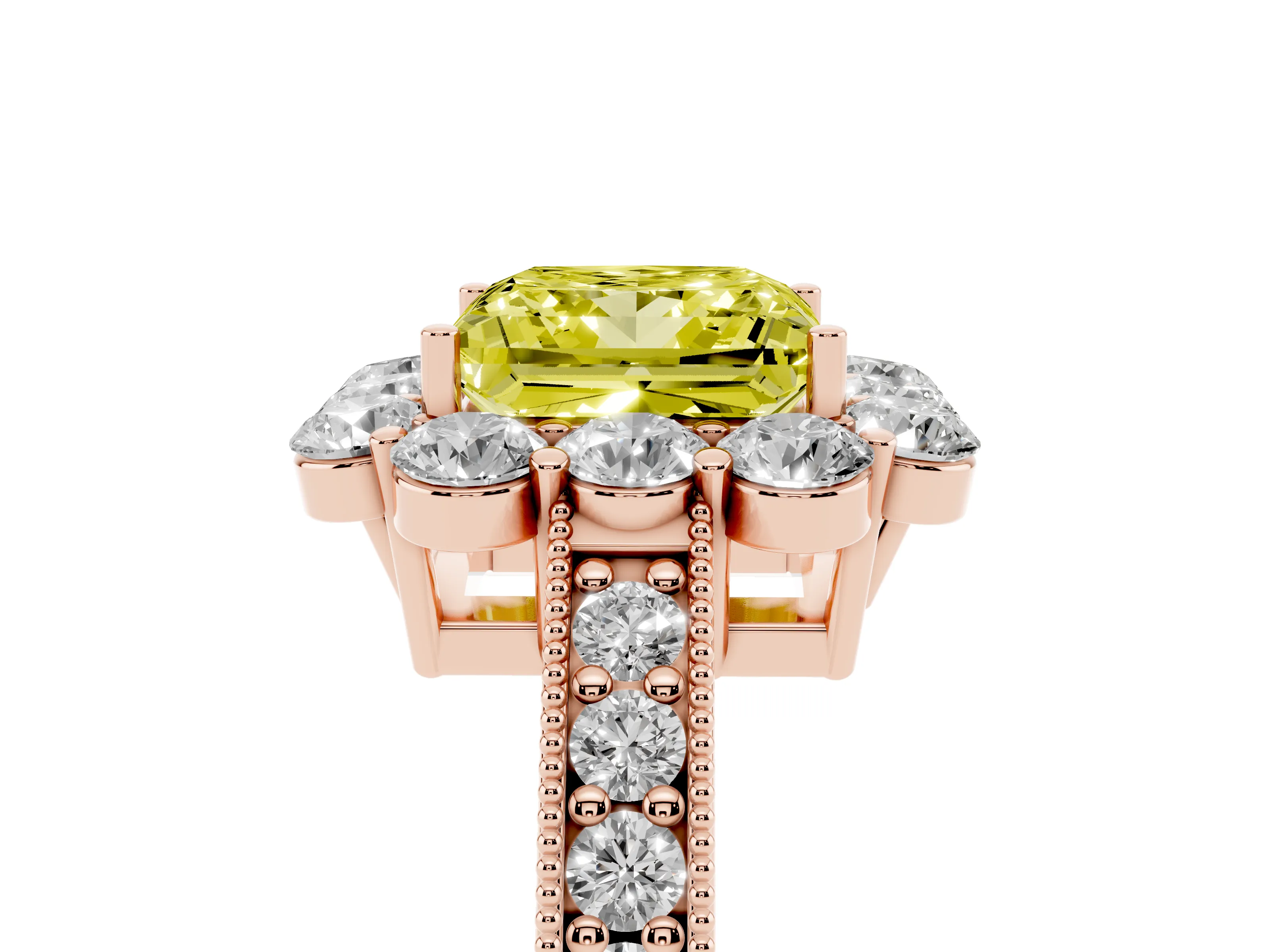Fancy Yellow Princess Cut Diamond Halo Pavé Engagement Ring Set in Rose gold with Milgrain Detailing