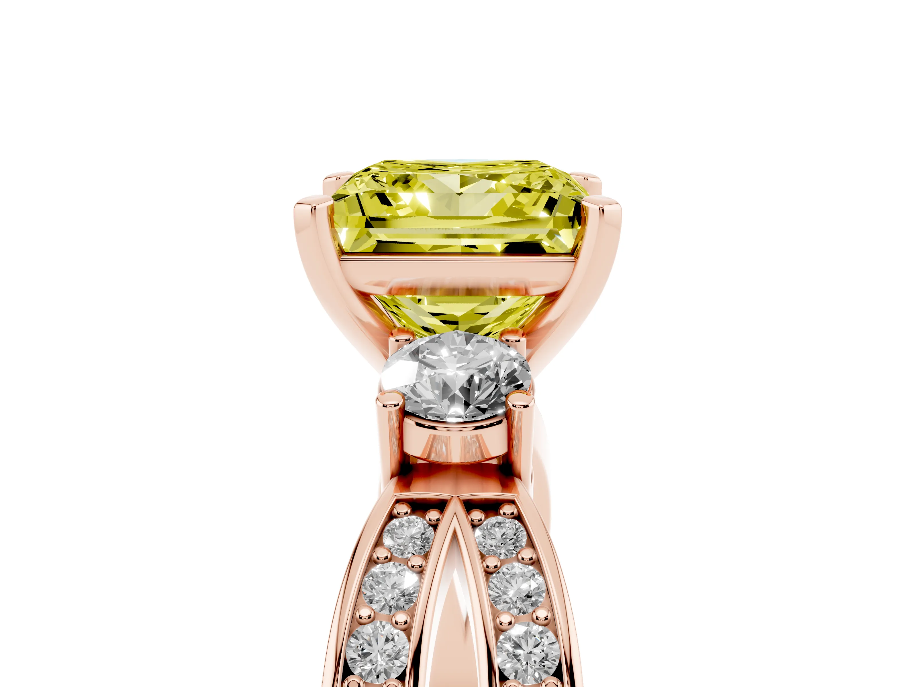 Fancy Yellow Three-Stone Princess Cut Diamond Twist Band Ring Set in Rose gold with Pavé Accents and Prong Setting