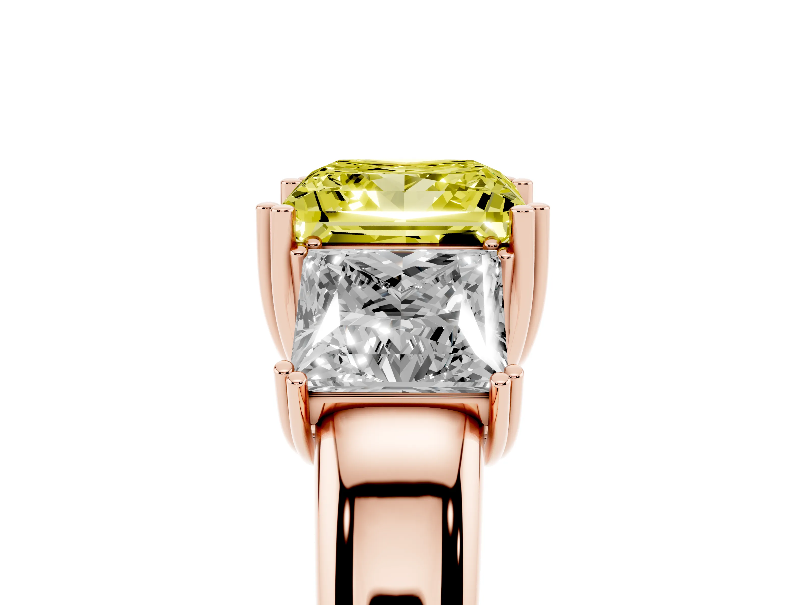 Fancy Yellow Princess Cut Diamond Three-Stone Ring Set in Rose gold with Polished Channel-Set Band
