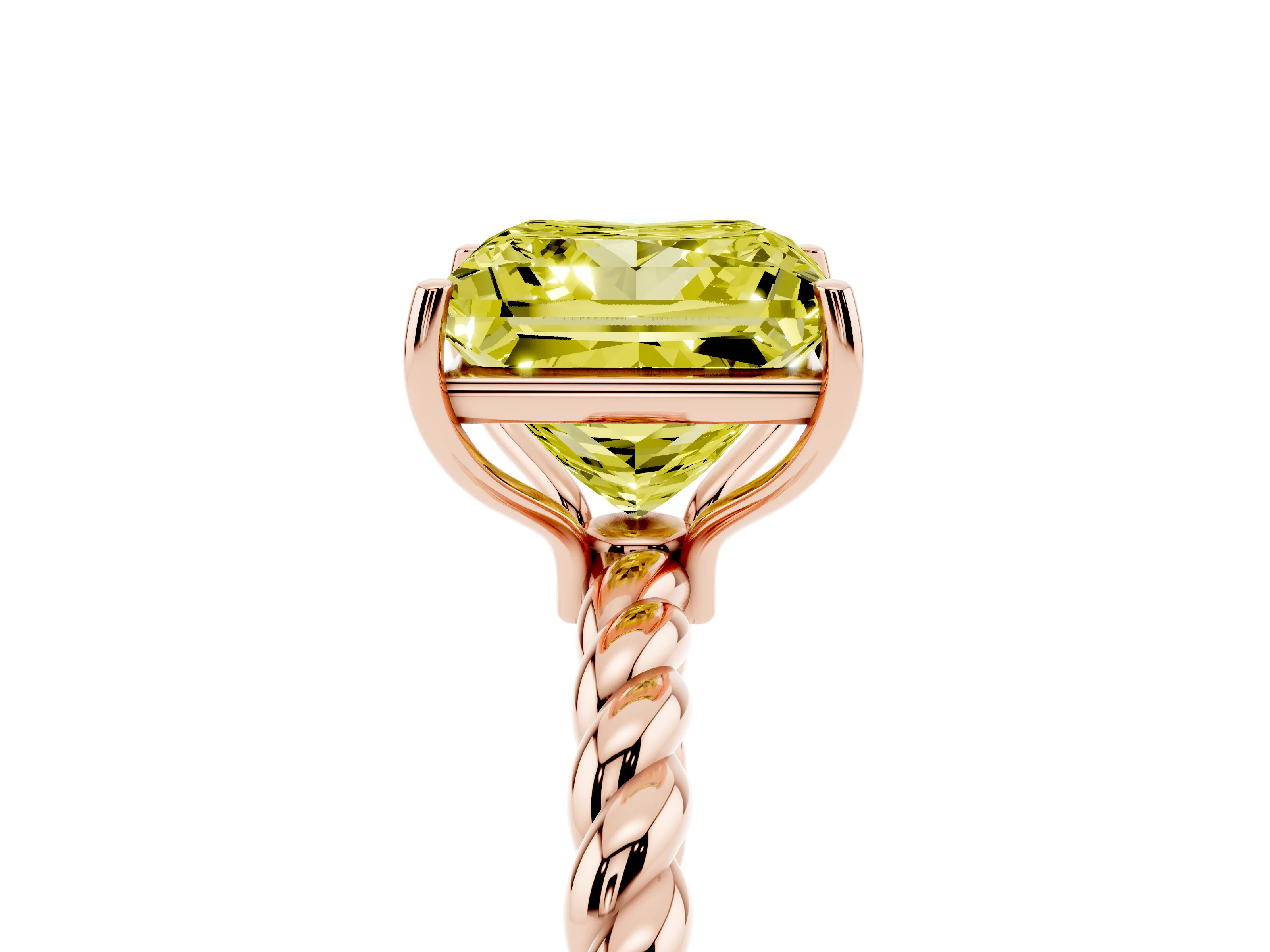 Fancy Yellow Princess Cut Diamond Solitaire Ring Set in Rose gold with Twist Band and Prong Setting