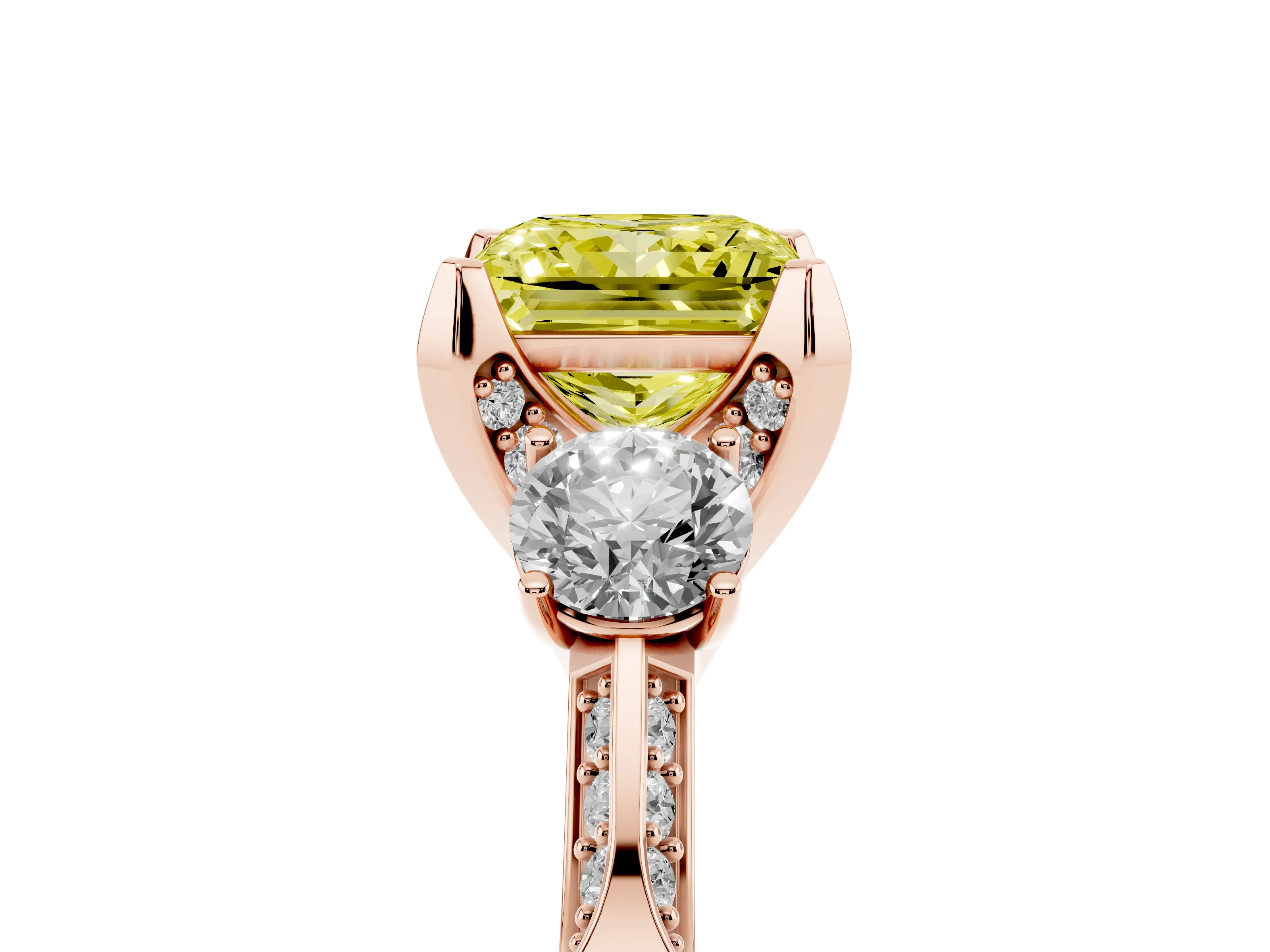 Fancy Yellow Princess Cut Diamond Three-Stone Ring Set in Rose gold with Pavé Band and Smaller Side Stones