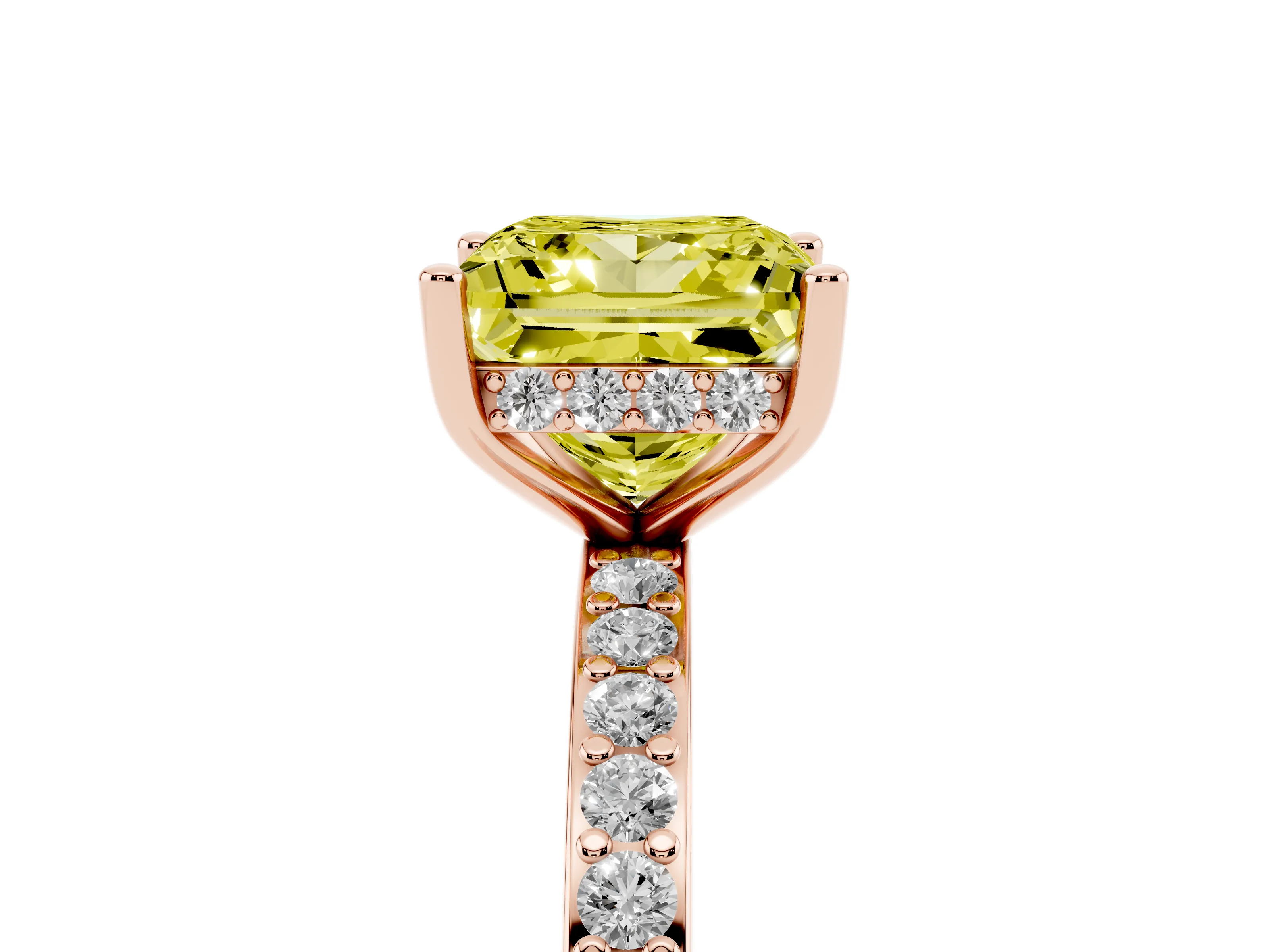 Fancy Yellow Princess Cut Diamond Pavé Band Ring Set in Rose gold with Prong-Set Center Stone