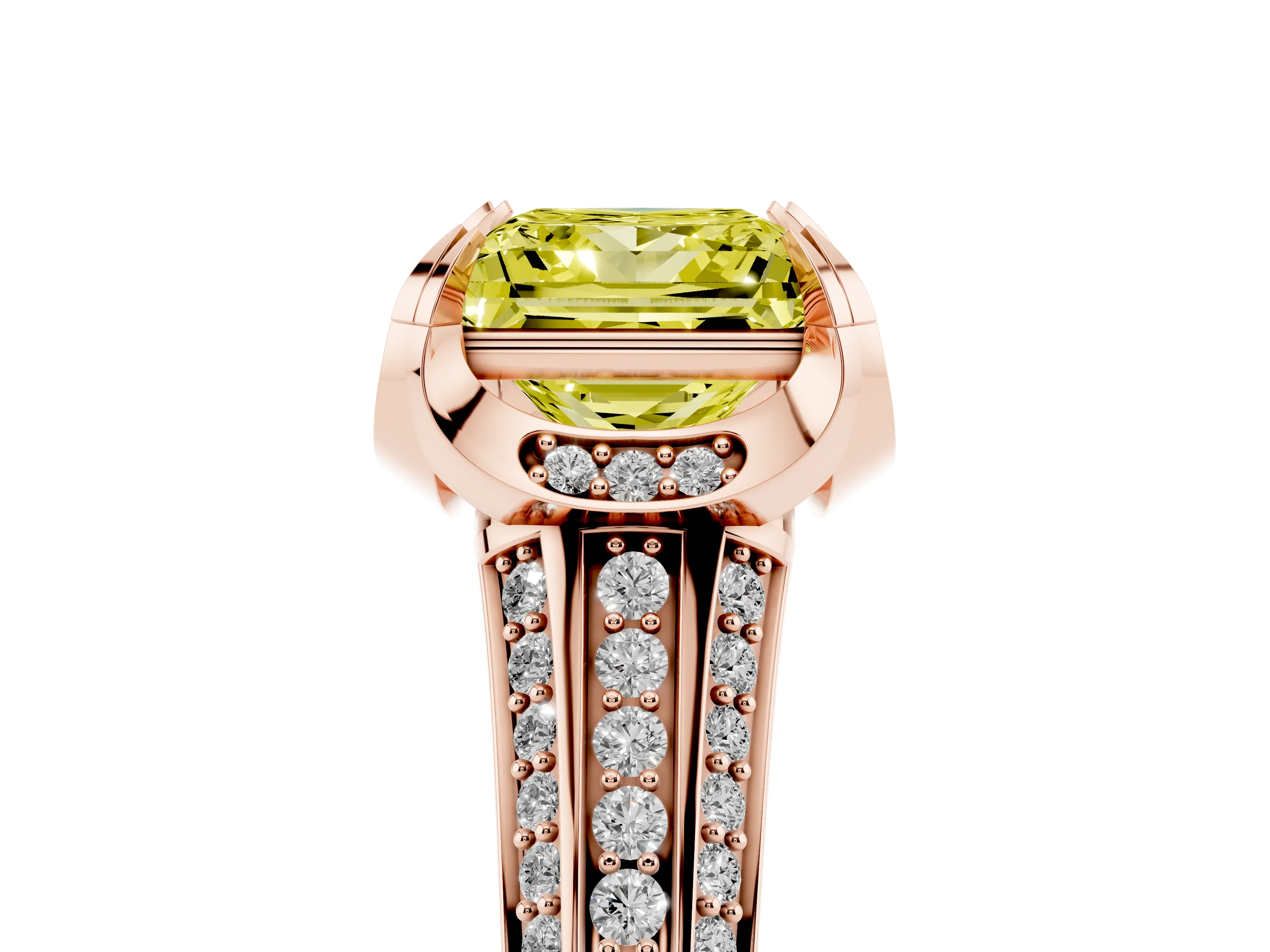 Fancy Yellow Princess Cut Diamond Pavé Split Shank Solitaire Ring Set in Rose gold with Prong Setting