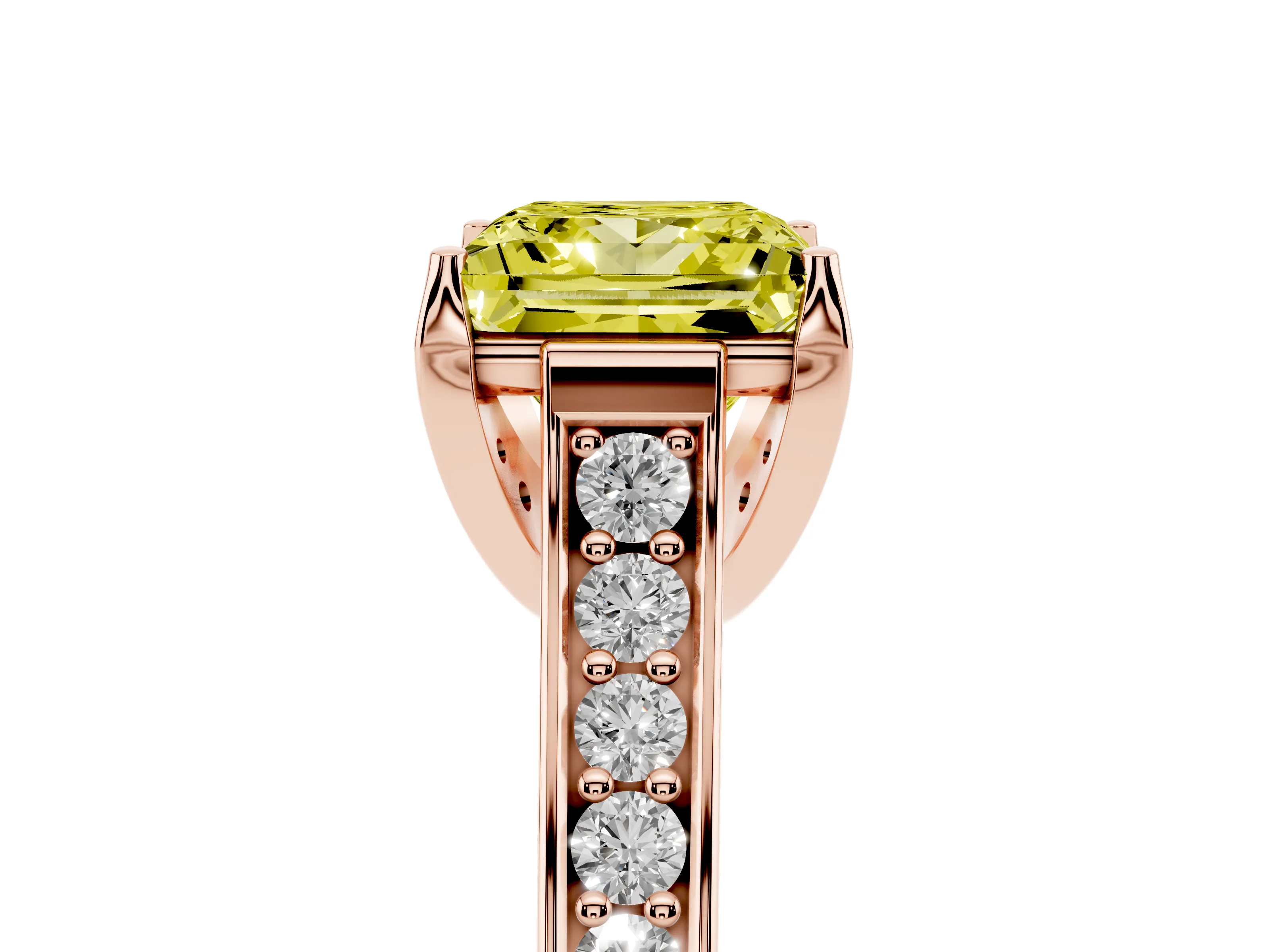 Fancy Yellow Princess Cut Diamond Solitaire Pavé Engagement Ring Set in Rose gold with Prong Setting
