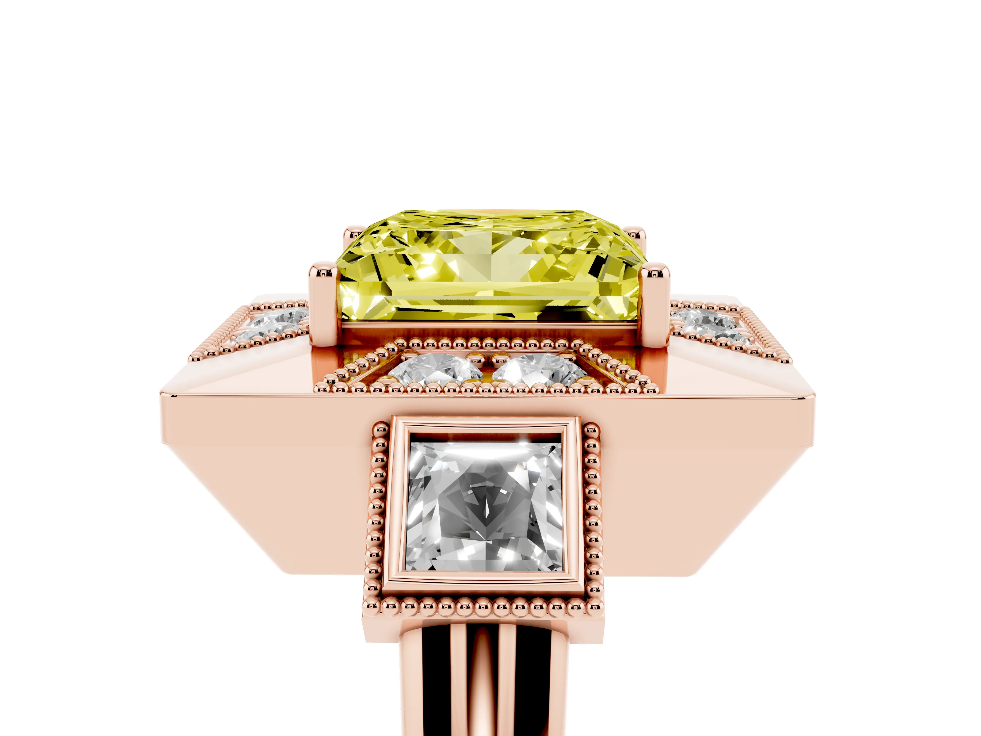 Fancy Yellow Princess Cut Diamond Milgrain Halo Ring Set in Rose gold with Split Shank