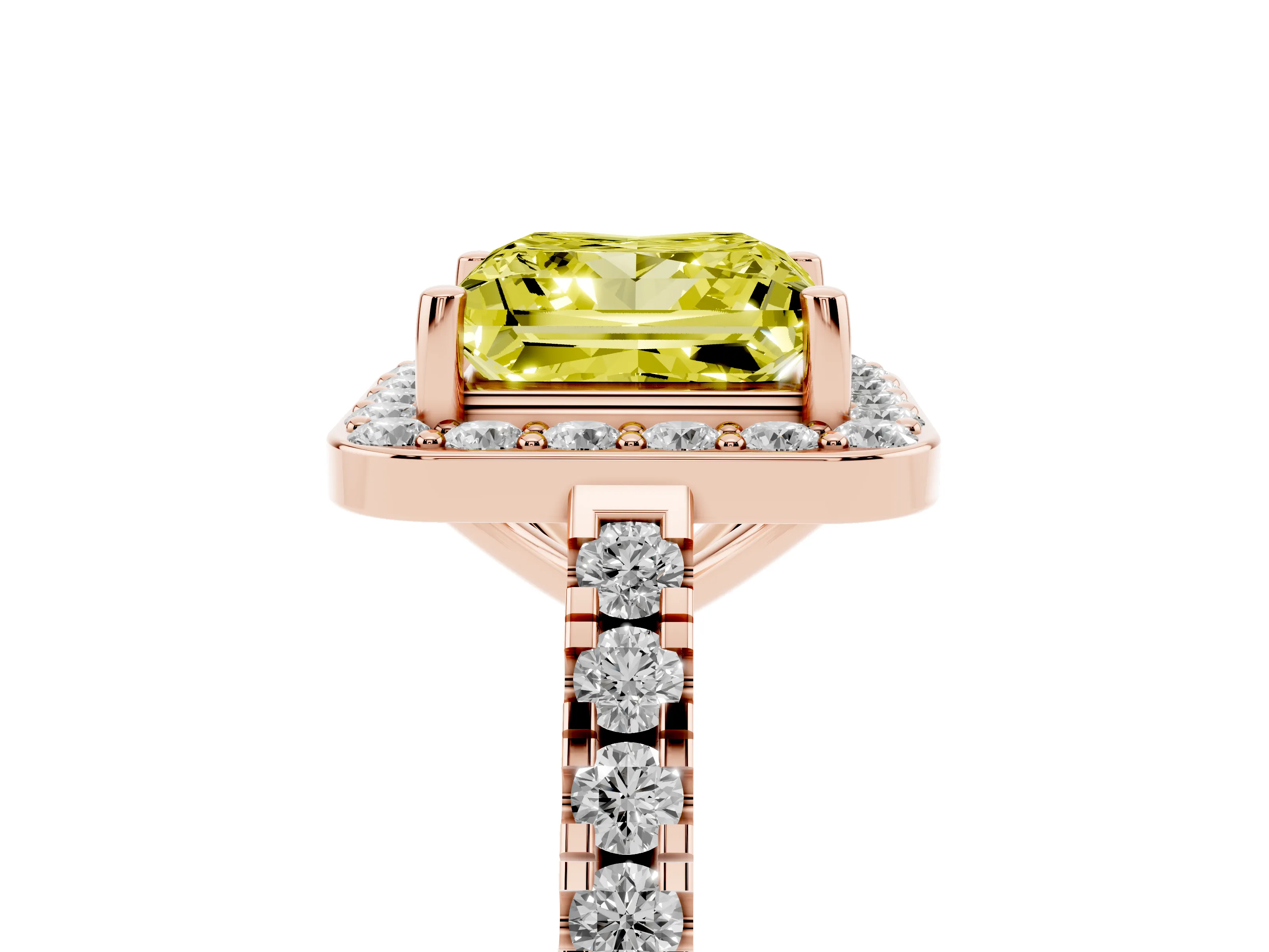 Fancy Yellow Princess Cut Diamond Halo Ring Set in Rose gold with Round Pavé Split Shank and Prong Setting
