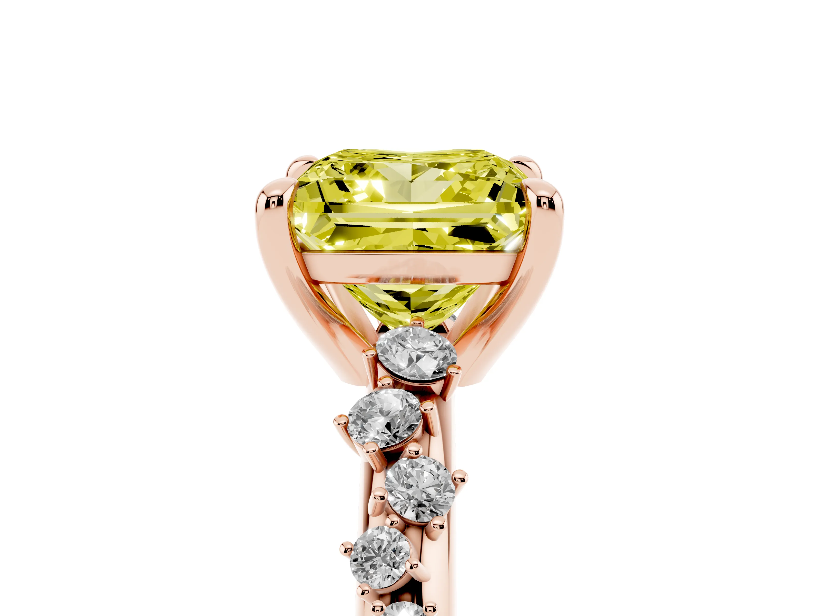Fancy Yellow Princess Cut Diamond Solitaire Vine Band Ring Set in Rose gold with Round Accents and Prong Setting