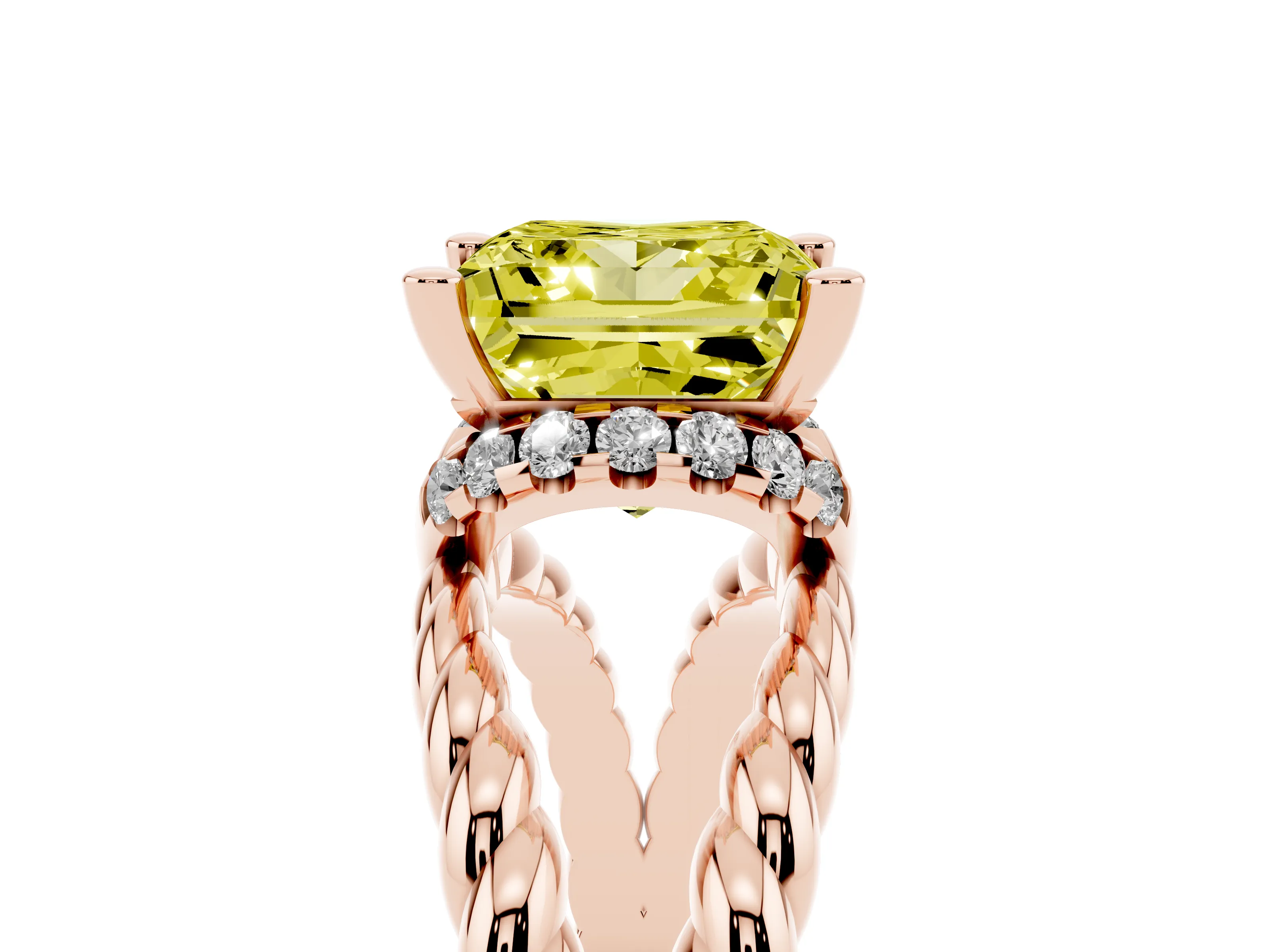 Fancy Yellow Princess Cut Diamond Halo Ring Set in Rose gold with Twisted Band and Prong Setting