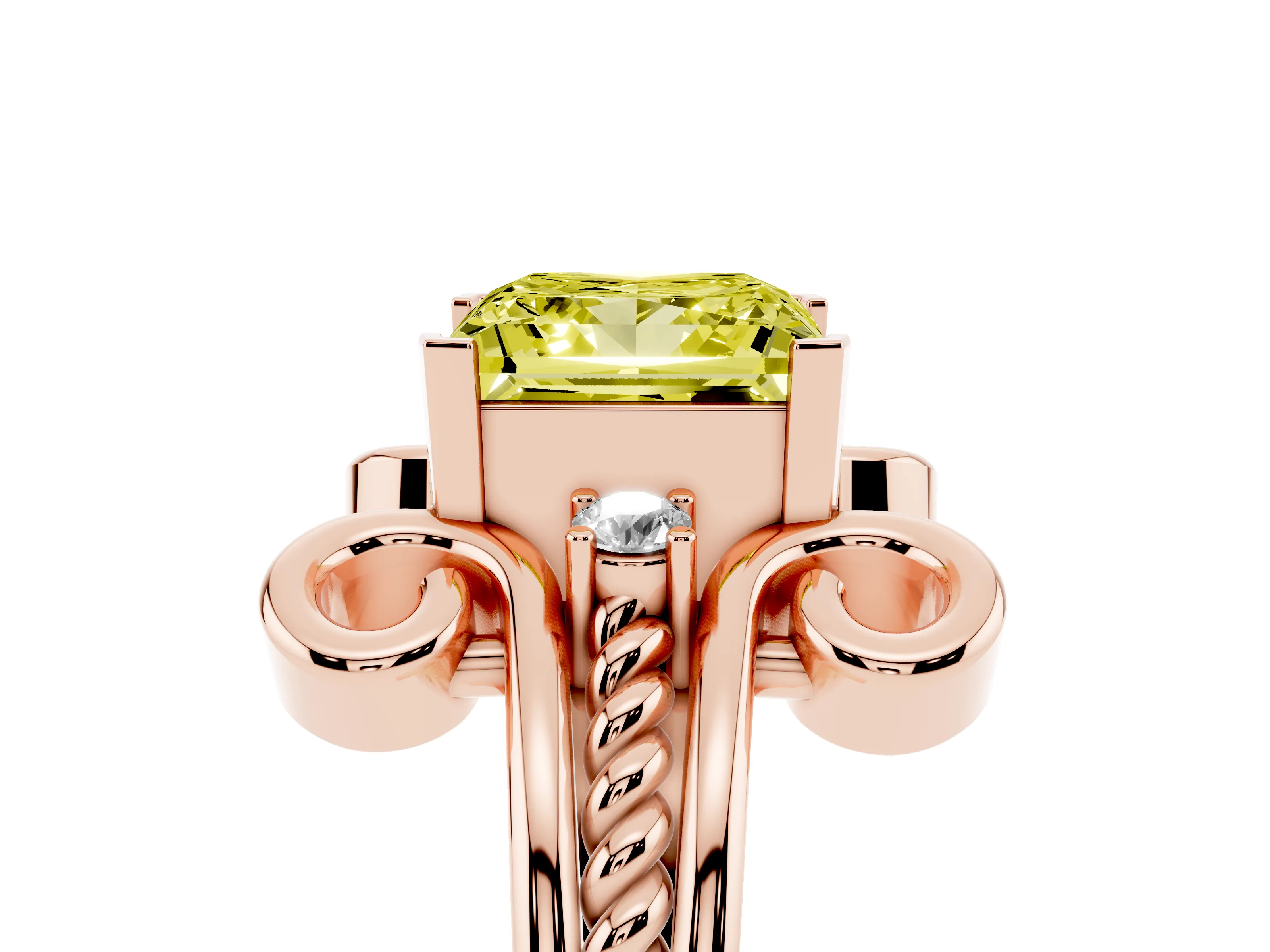 Fancy Yellow Princess Cut Diamond Twisted Band Solitaire Ring Set in Rose gold with Scroll Prongs