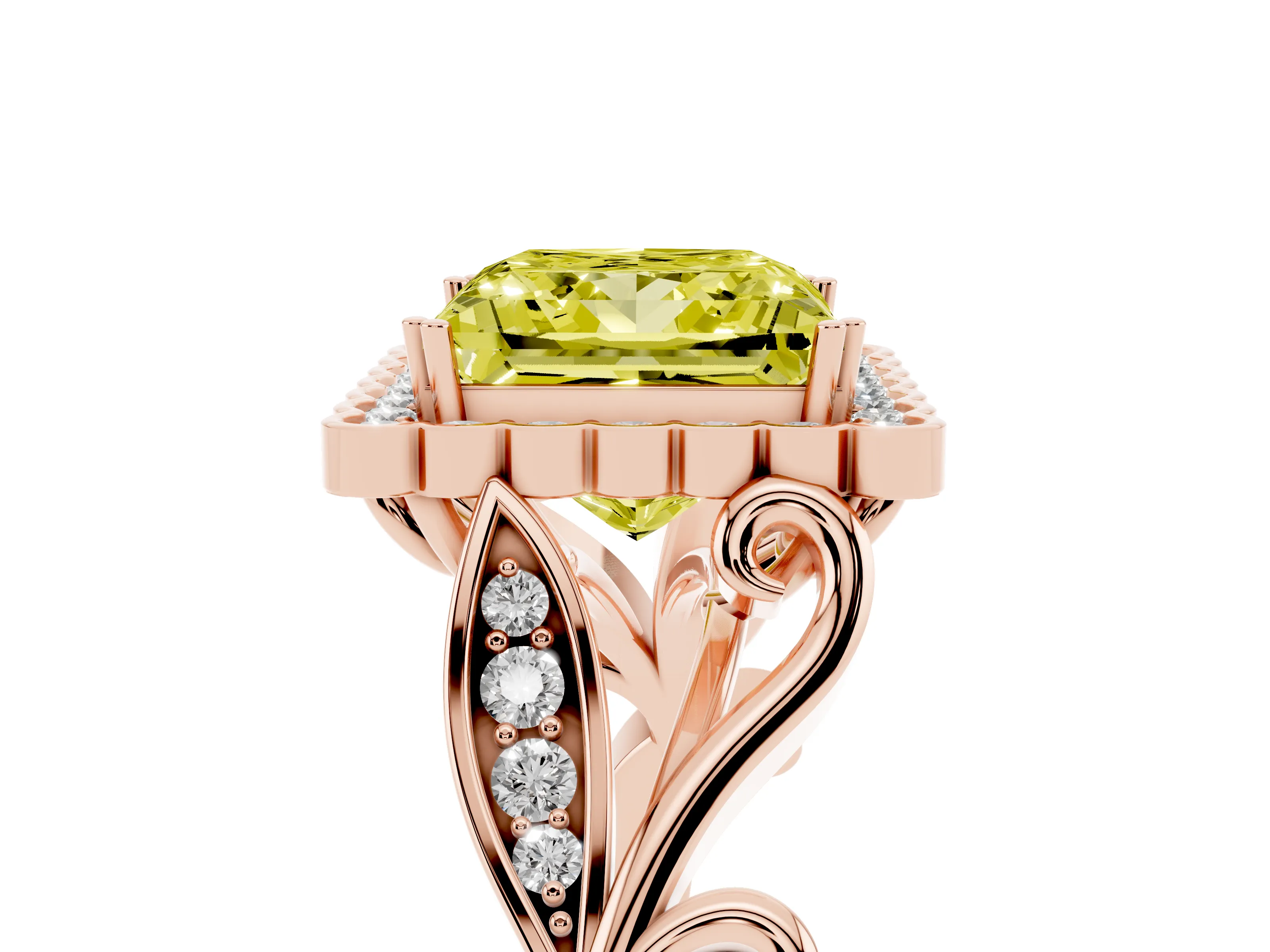 Fancy Yellow Princess Cut Diamond Halo Ring Set in Rose gold with Leaf Motif Split Shank and Prong Setting