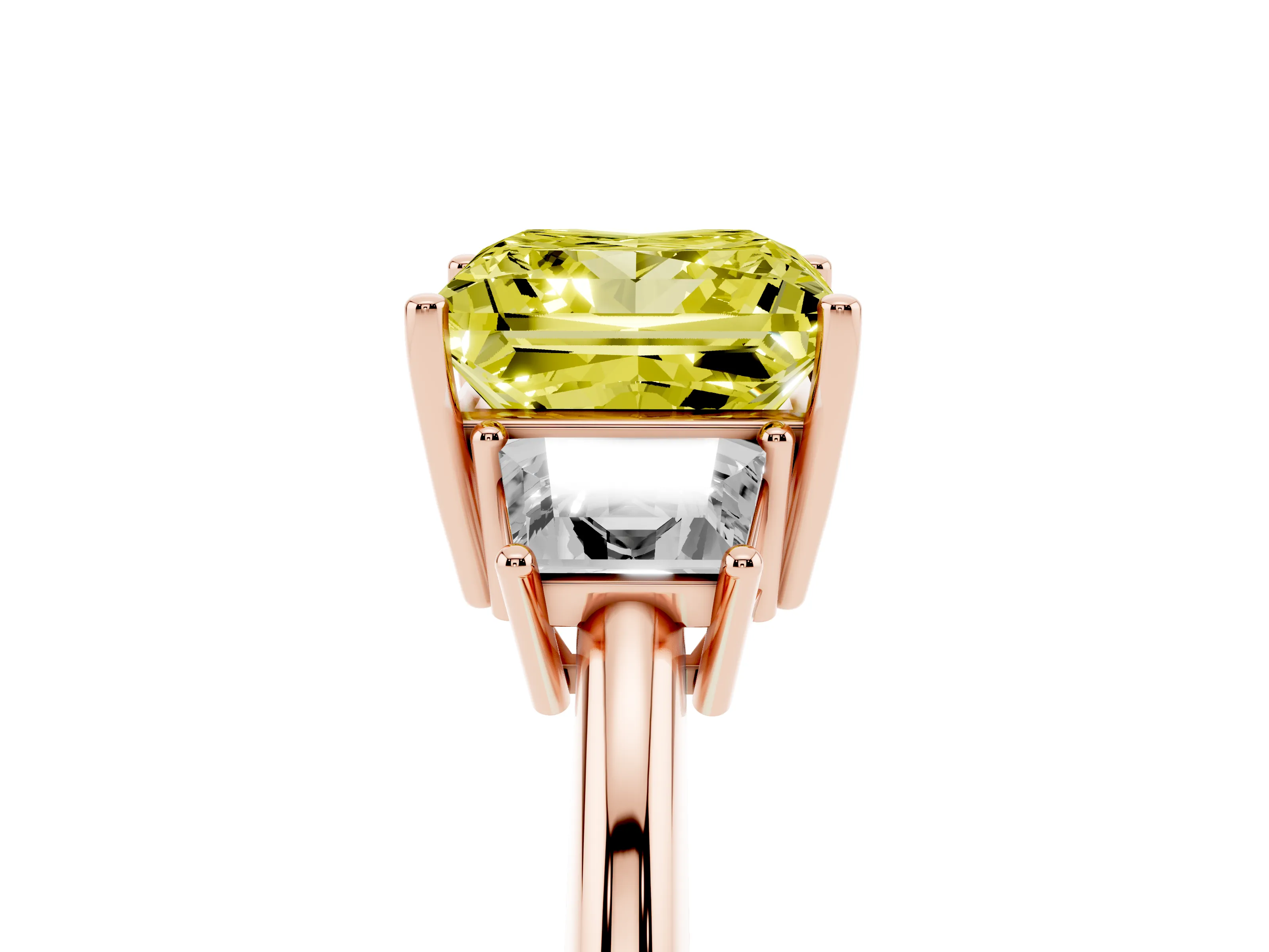 Fancy Yellow Princess Cut Diamond Three-Stone Ring Set in Rose gold with Trapezoid Side Stones and Prong Setting