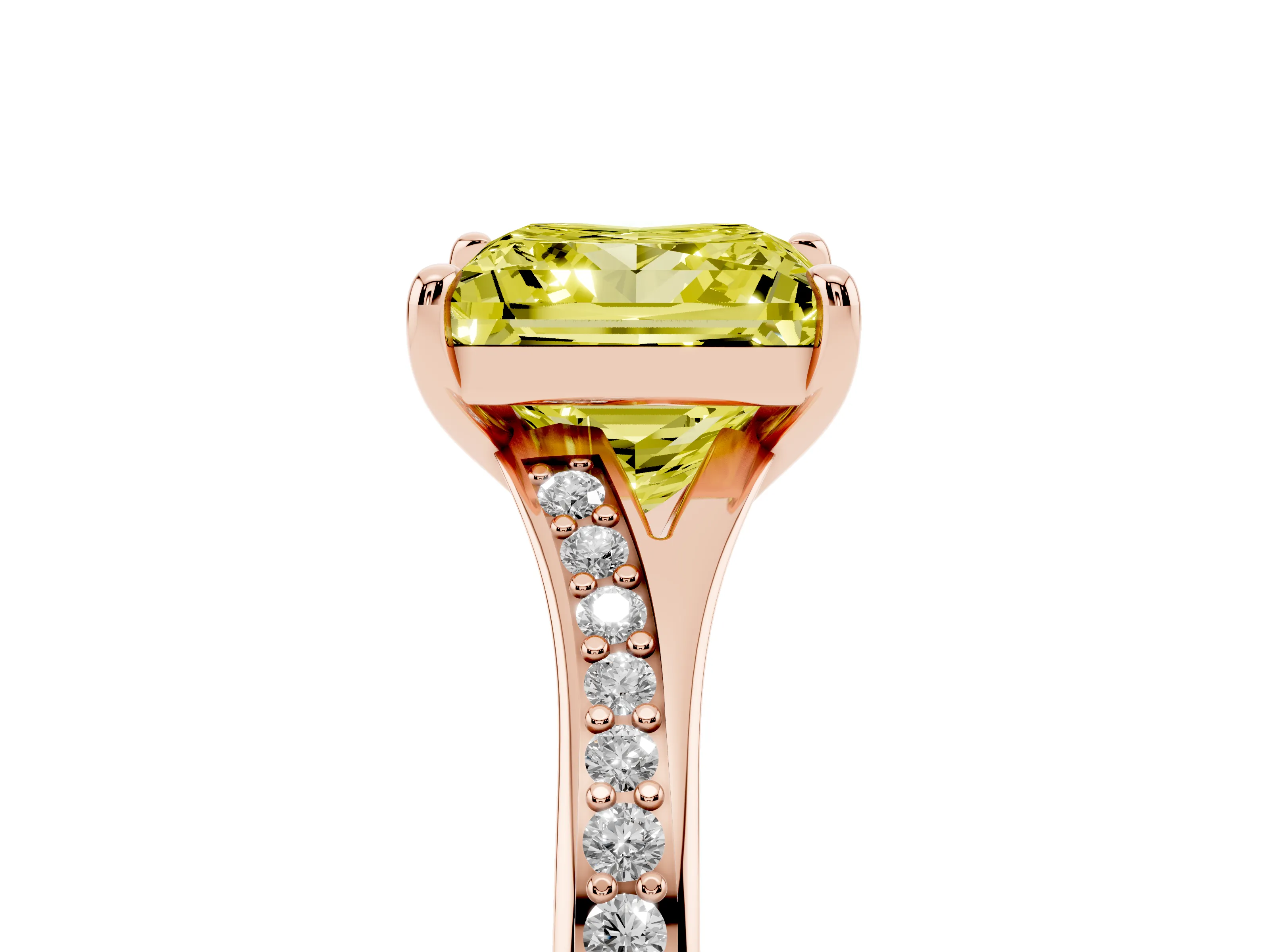 Fancy Yellow Princess Cut Diamond Solitaire Ring Set in Rose gold with Pavé Accent Band and Classic Prong Setting