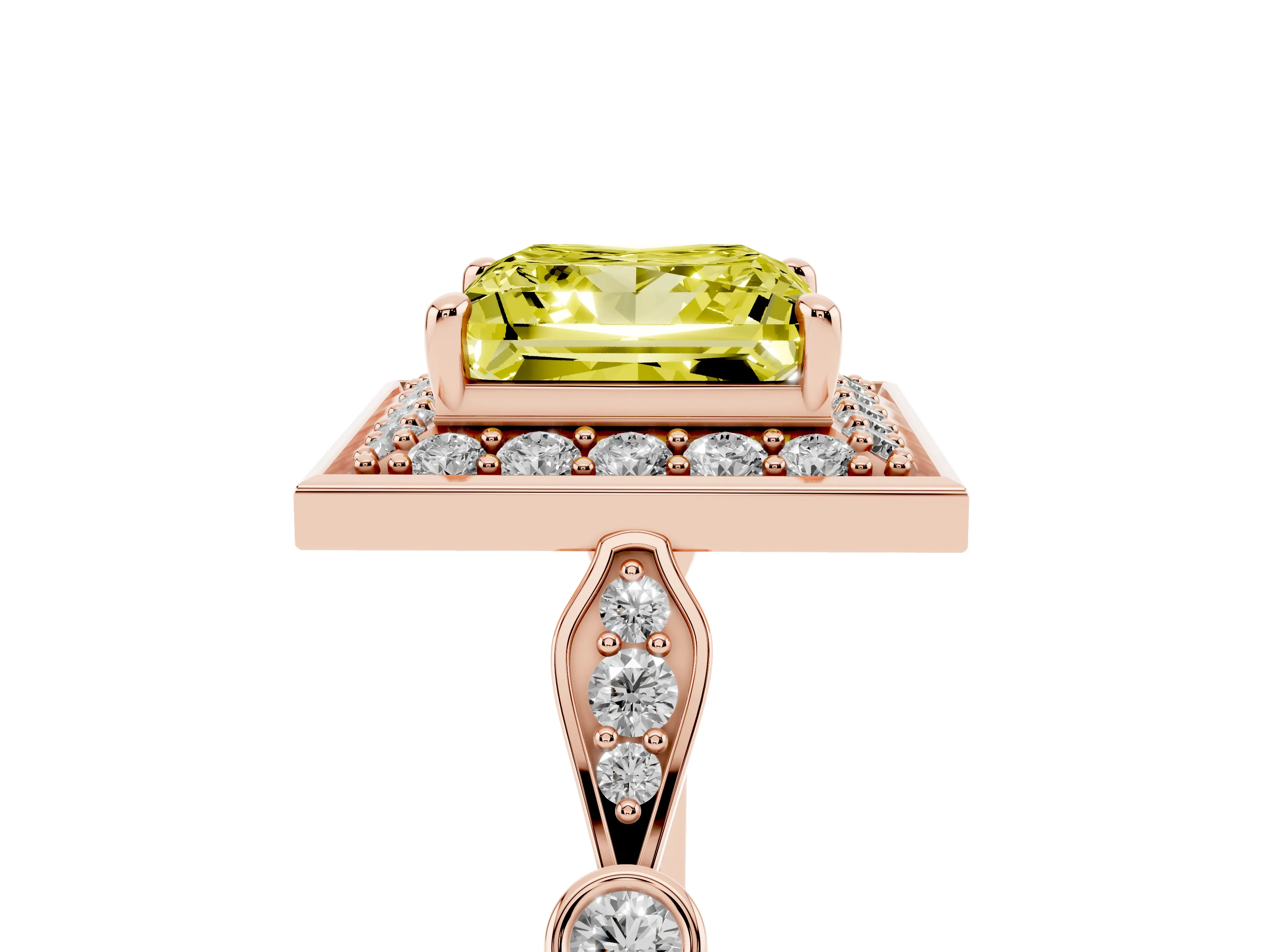 Fancy Yellow Princess Cut Diamond Halo Engagement Ring Set in Rose gold with Twisted Band and Prong Setting