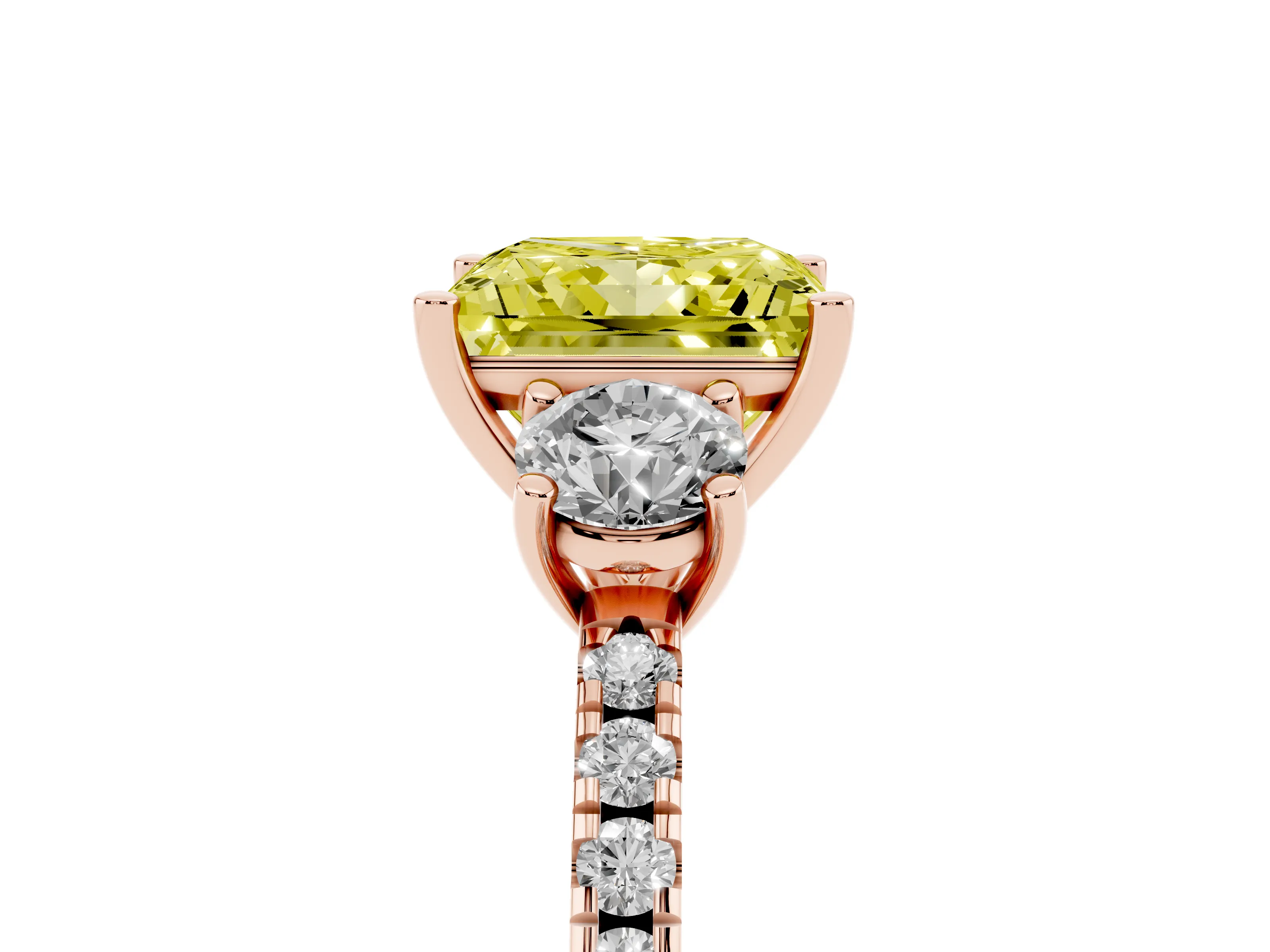 Fancy Yellow Princess Cut Diamond Three-Stone Ring Set in Rose gold with Pavé Band and Graduated Sides