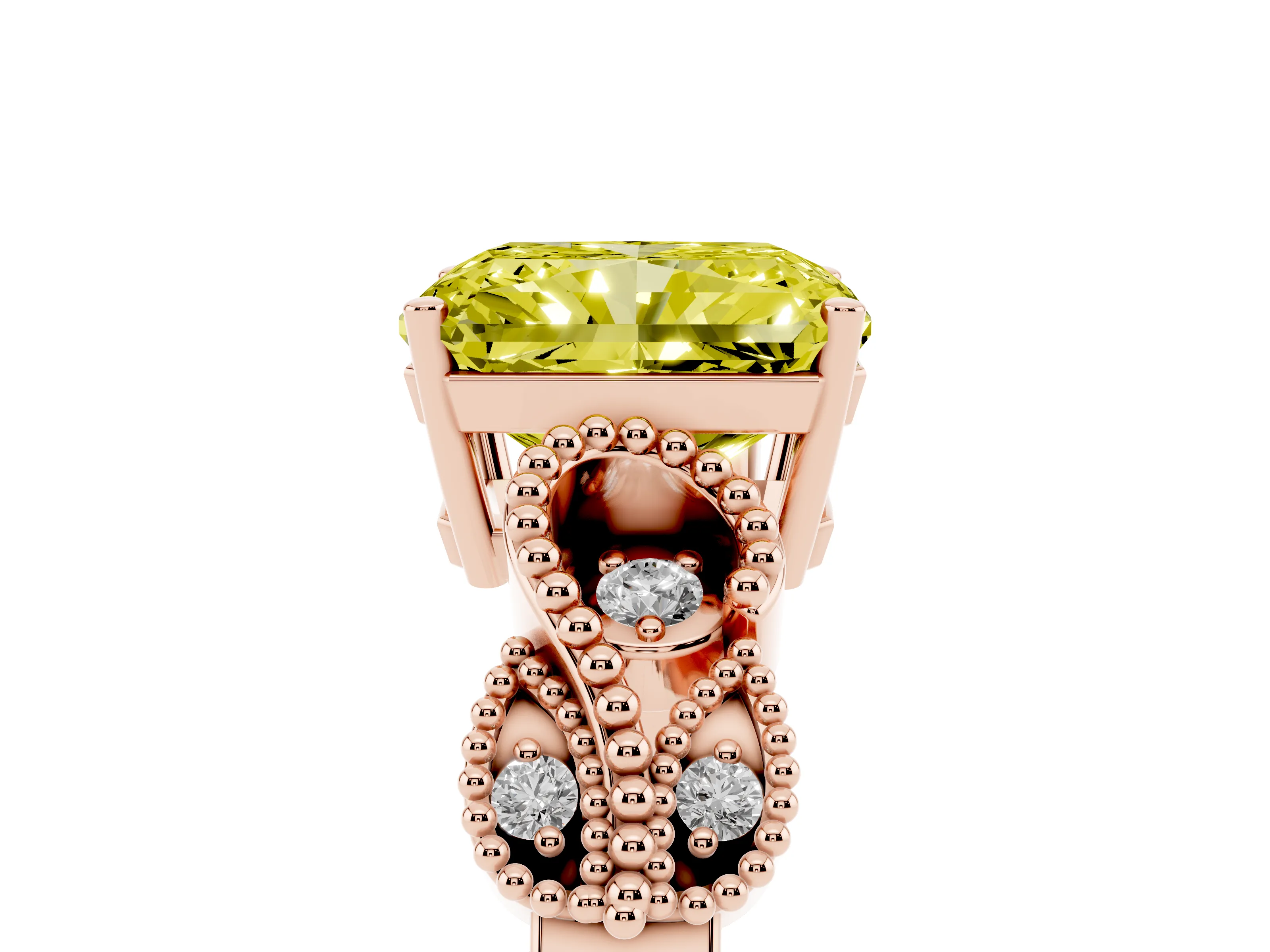 Fancy Yellow Princess Cut Diamond Milgrain Leaf Band Solitaire Ring Set in Rose gold with Accent Stones and Prong Setting