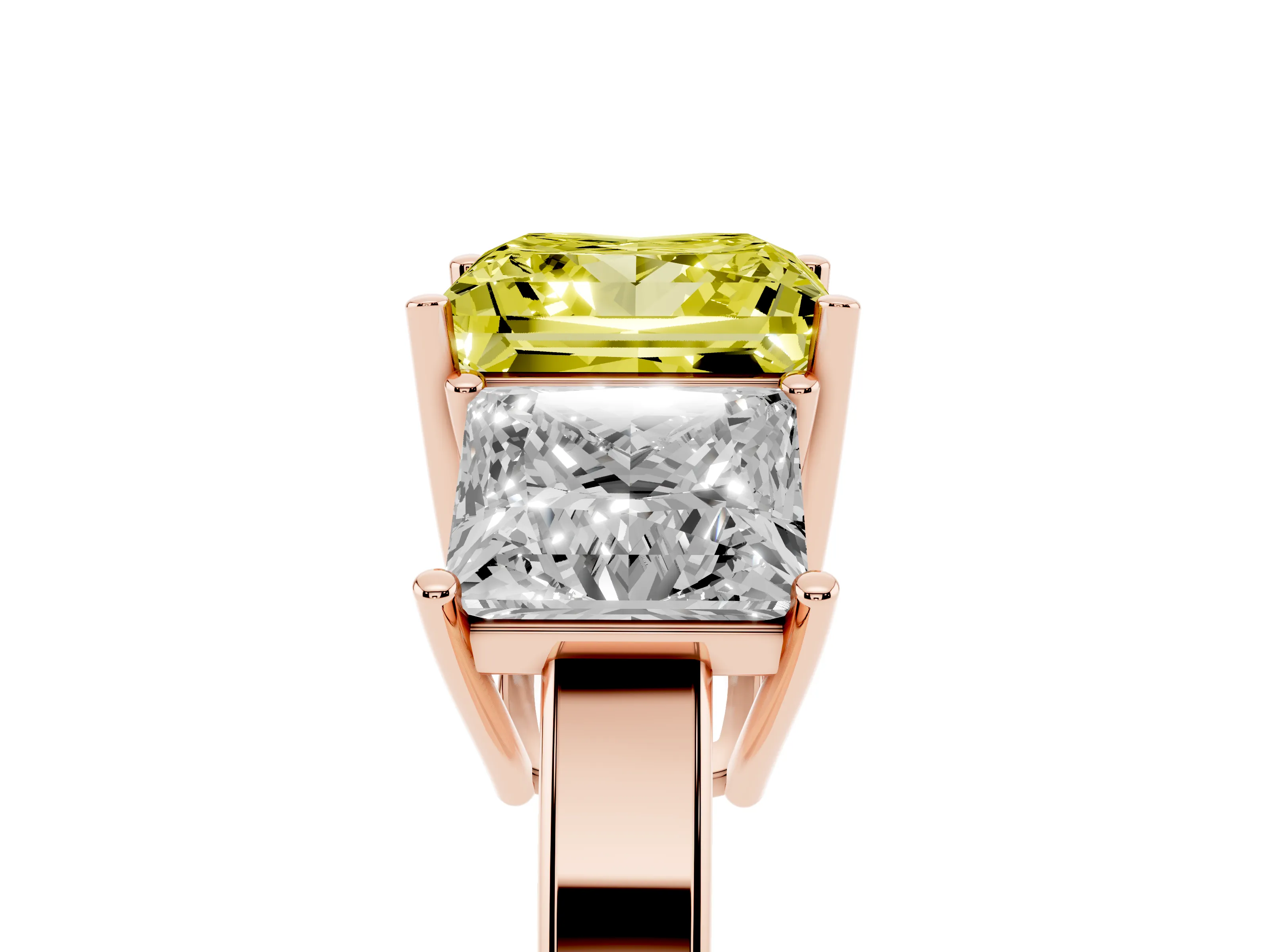 Fancy Yellow Princess Cut Diamond Three-Stone Engagement Ring Set in Rose gold with Flat Band