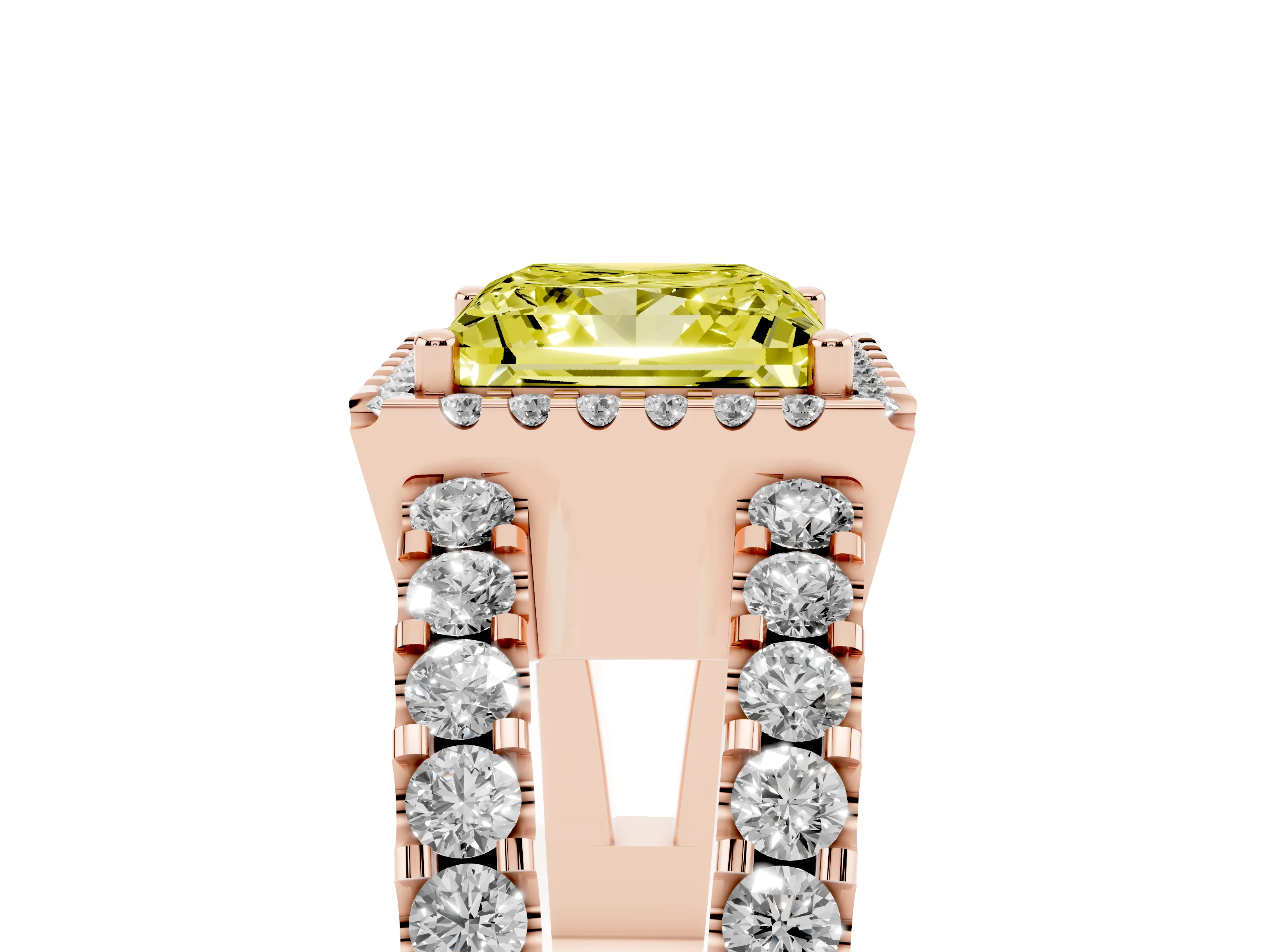 Fancy Yellow Princess Cut Diamond Halo Ring Set in Rose gold with Pavé Split Shank and Prong Setting