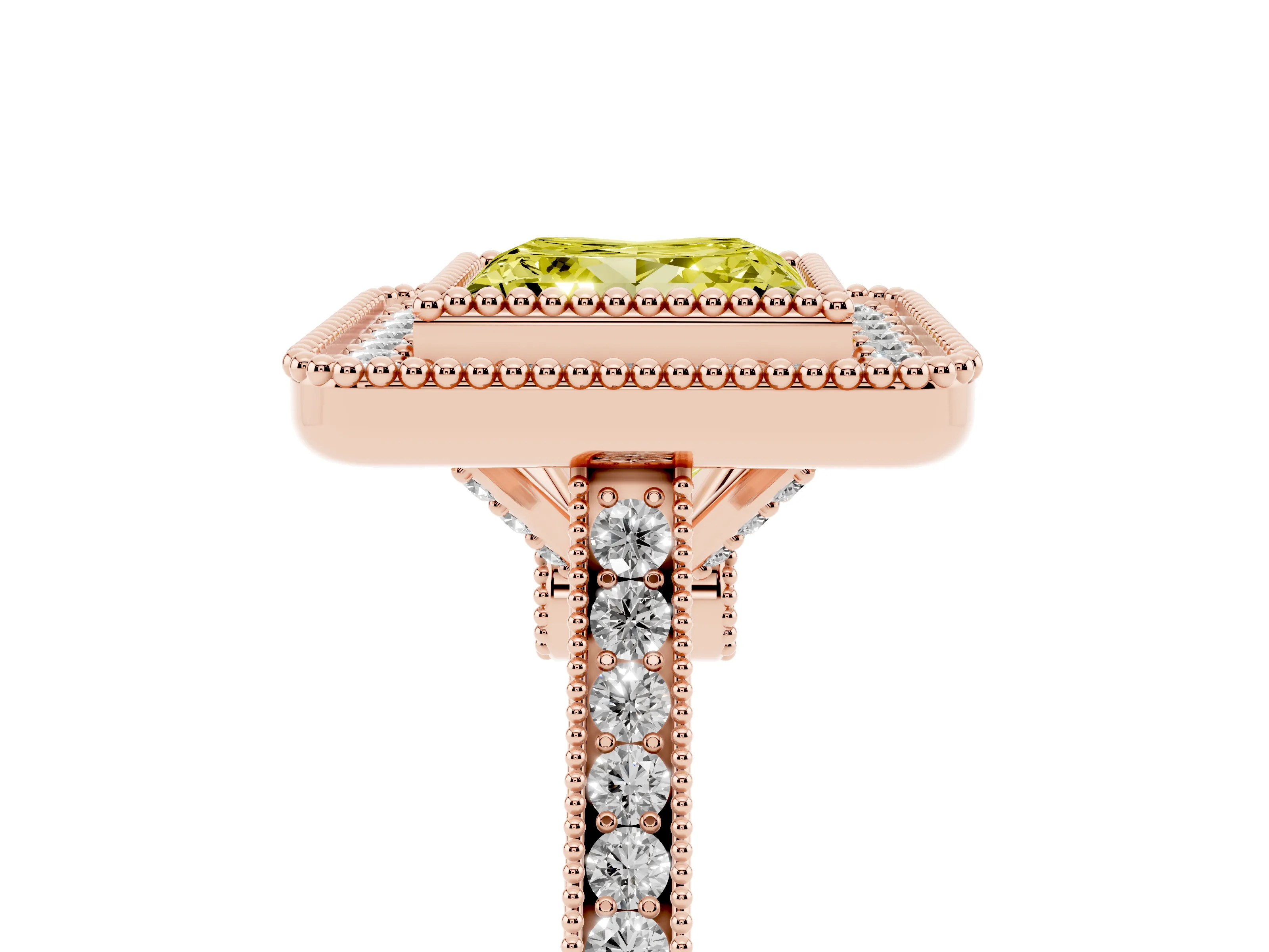Fancy Yellow Princess Cut Diamond Halo Ring Set in Rose gold with Milgrain Frame and Pavé Band