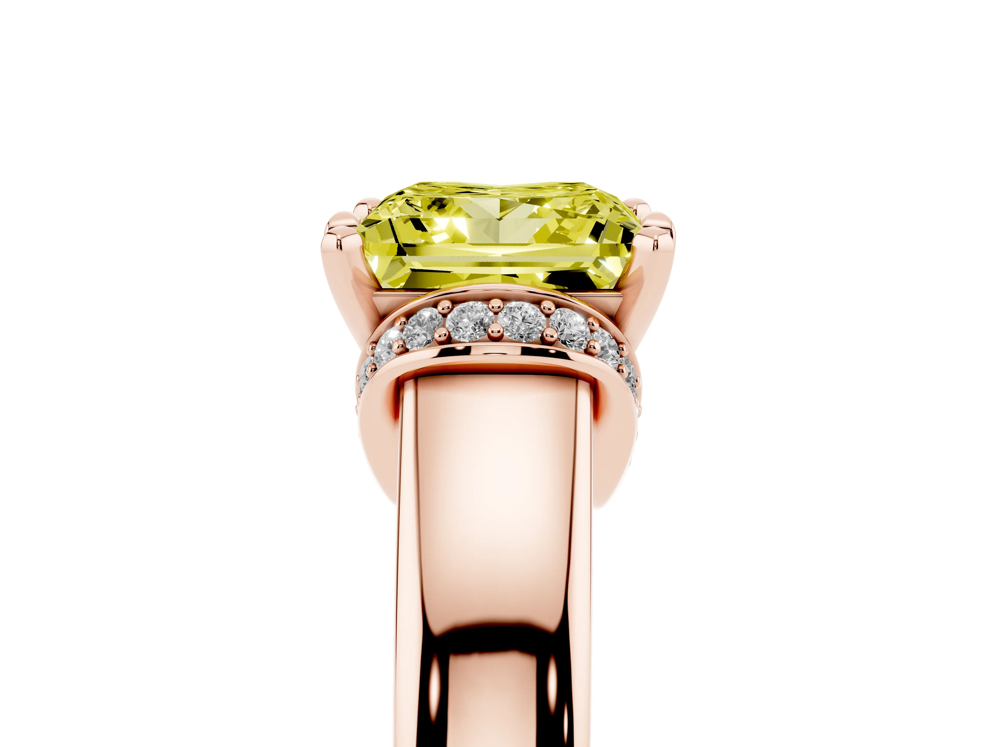 Fancy Yellow Princess Cut Diamond Pavé Band Solitaire Ring Set in Rose gold with Prong Setting