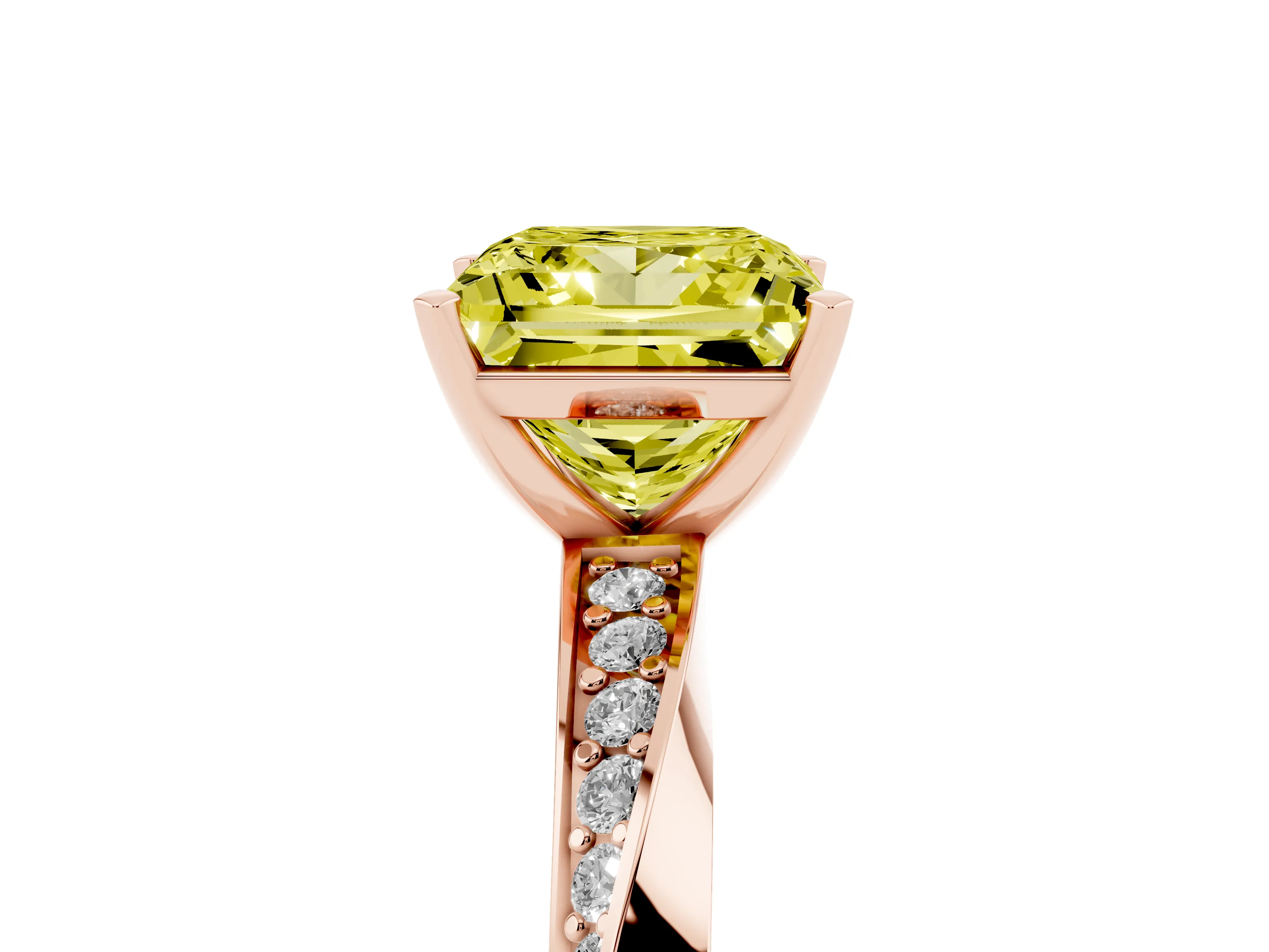 Fancy Yellow Princess Cut Diamond Engagement Ring Set in Rose gold with Side Stone Accents and Prong Setting
