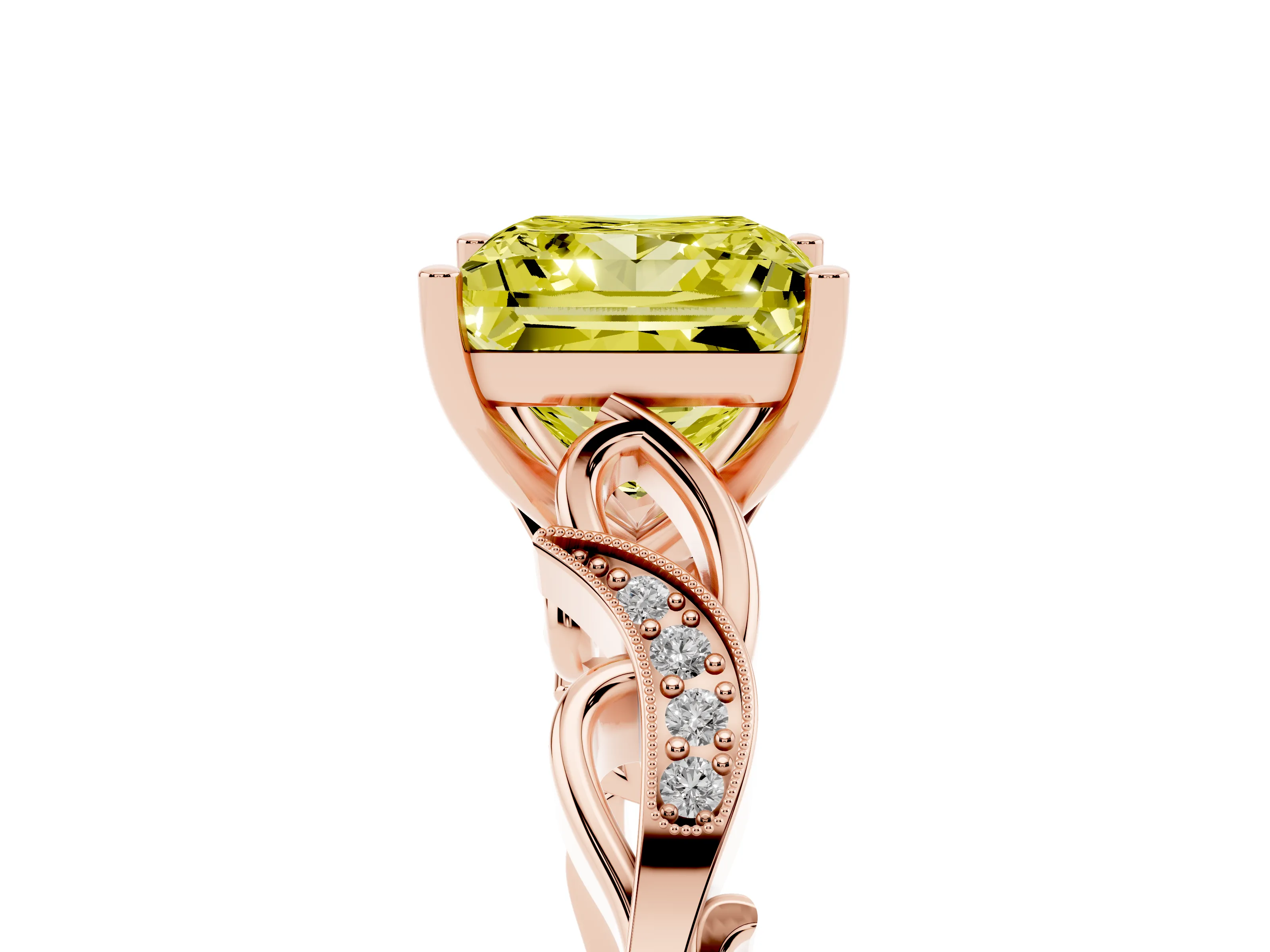 Fancy Yellow Princess Cut Diamond Vine Band Solitaire Ring Set in Rose gold with Milgrain Prong Setting