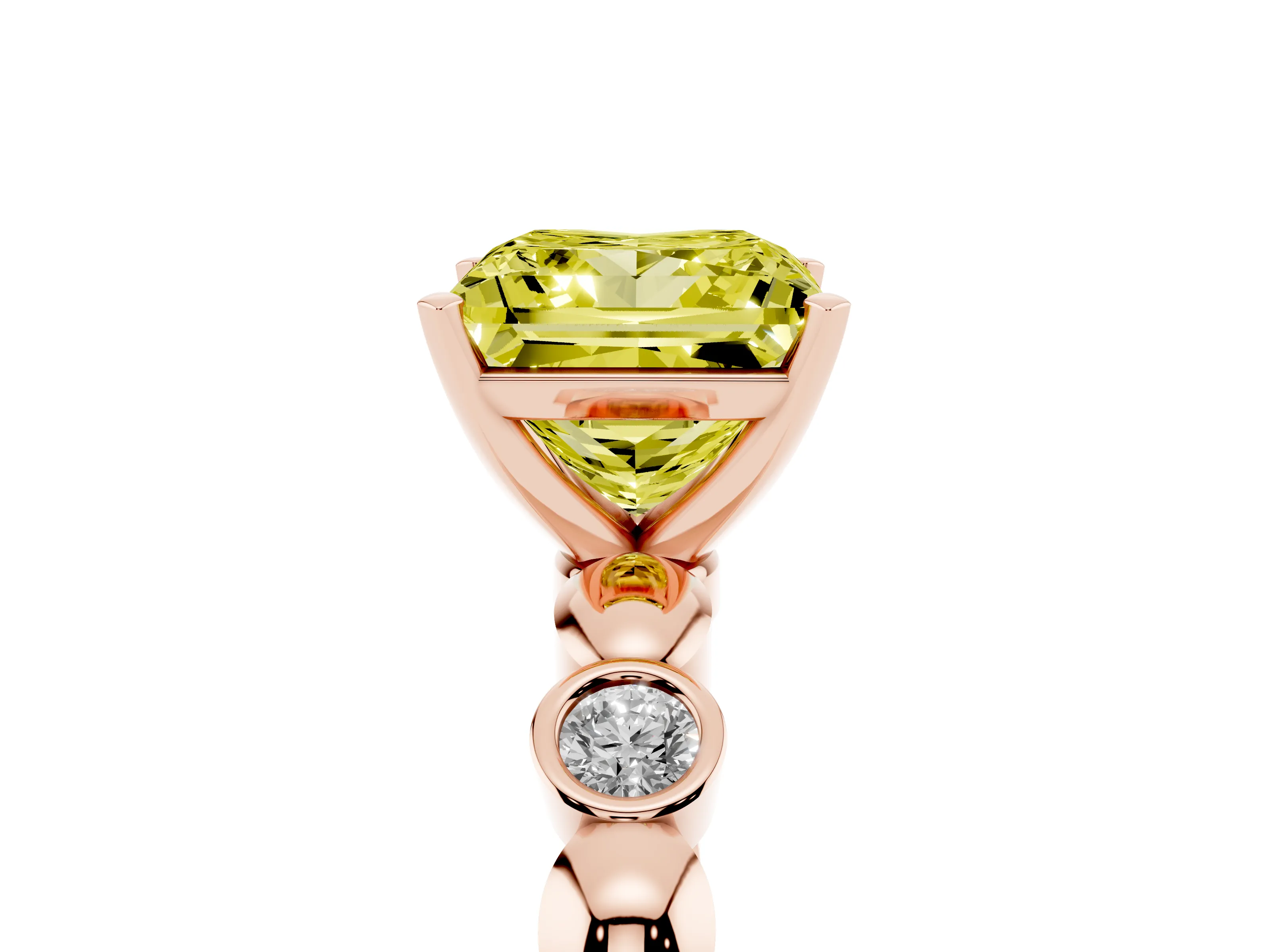Fancy Yellow Princess Cut Diamond Solitaire Ring Set in Rose gold with Bezel-Set Accents on Beaded Band and Prong Setting