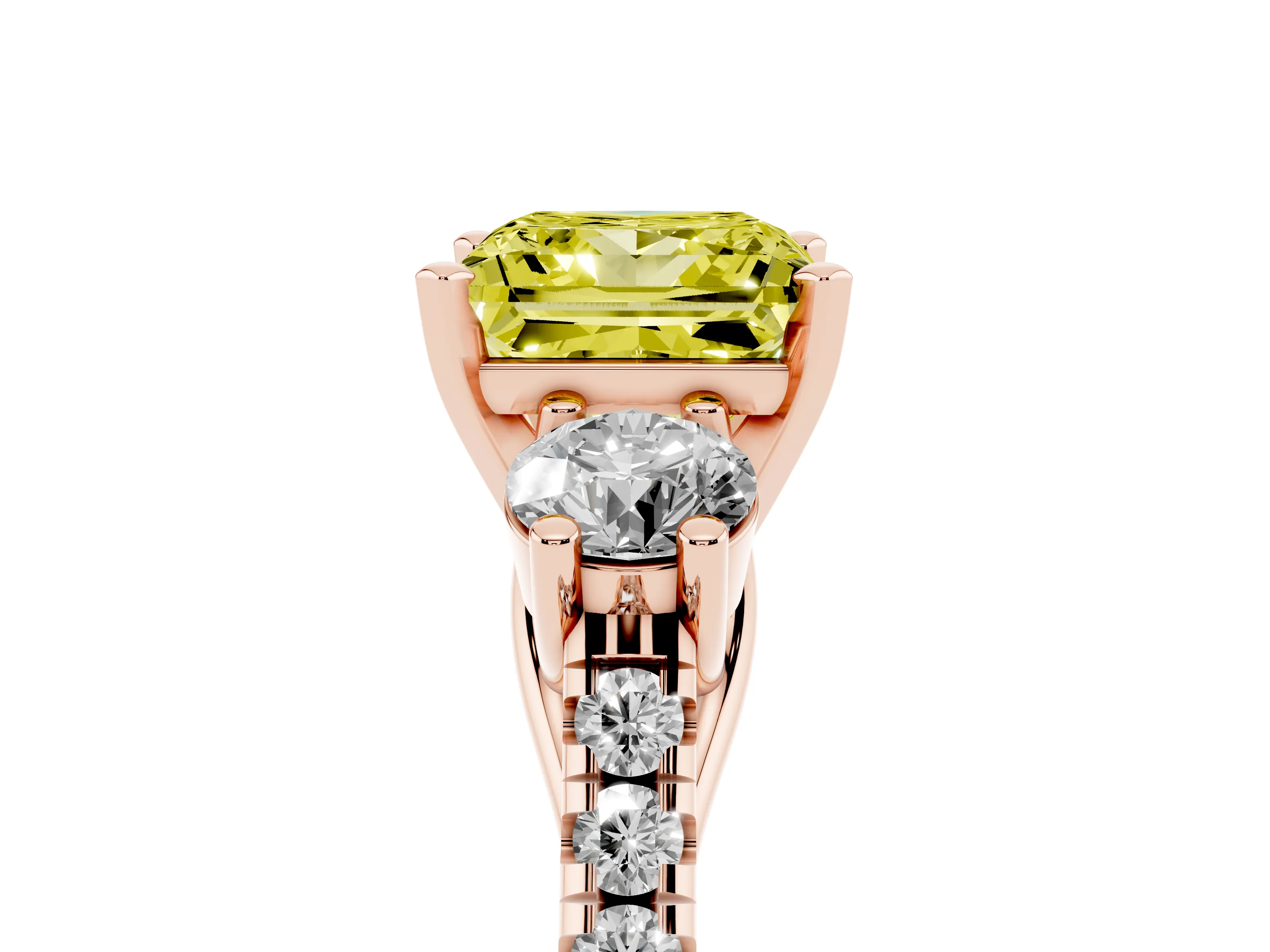 Fancy Yellow Three-Stone Princess Cut Diamond Pavé Band Ring Set in Rose gold with Prong-Set Trio