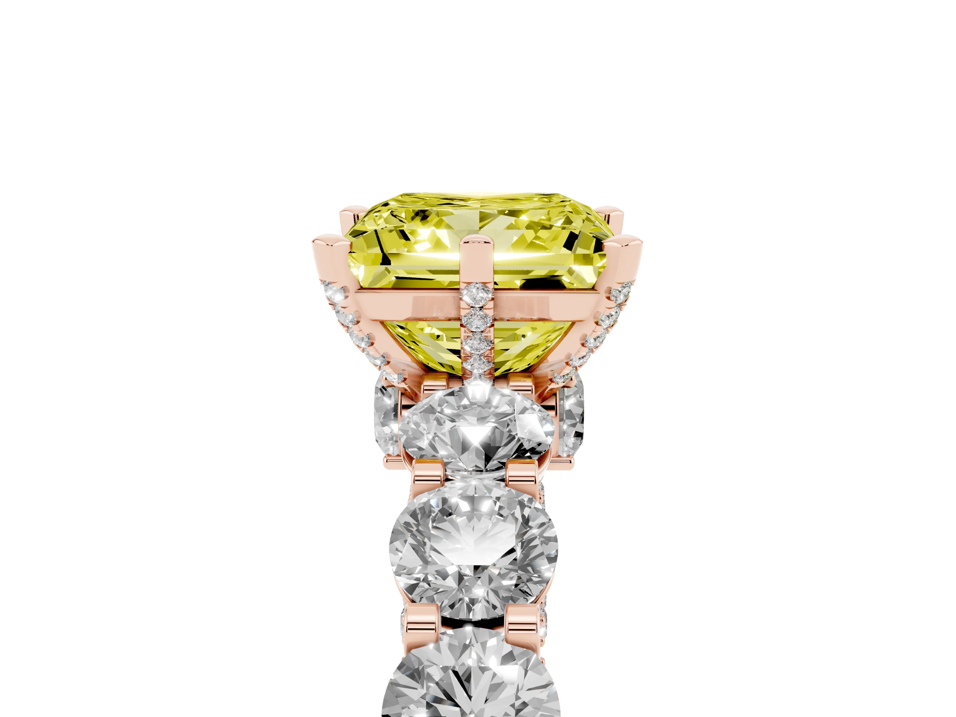 Fancy Yellow Princess Cut Diamond Side Stone Ring Set in Rose gold with Alternating Round and Oval Side Stones