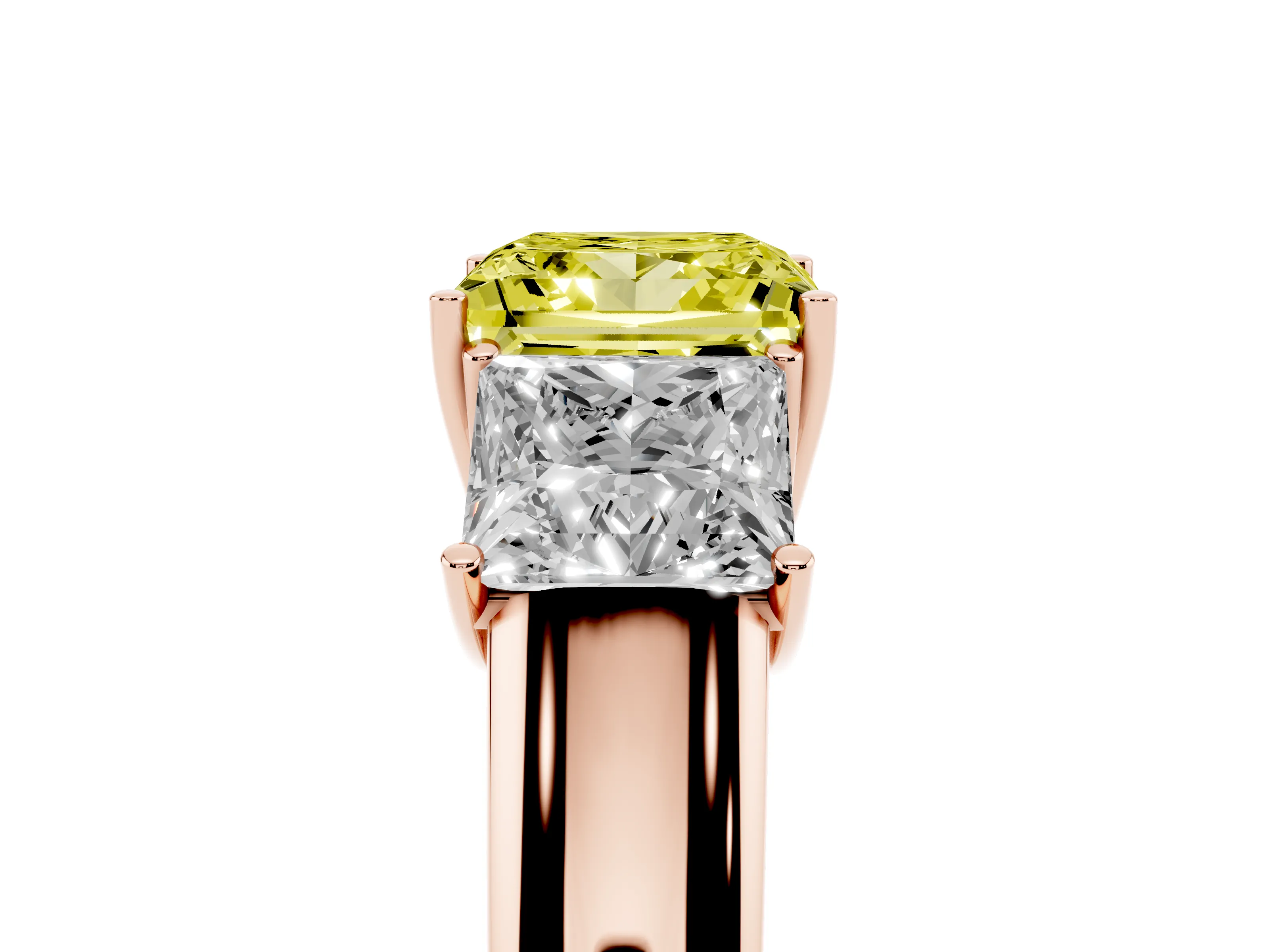 Fancy Yellow Three-Stone Princess Cut Diamond Ring Set in Rose gold with Matching Prong Settings and Plain Band