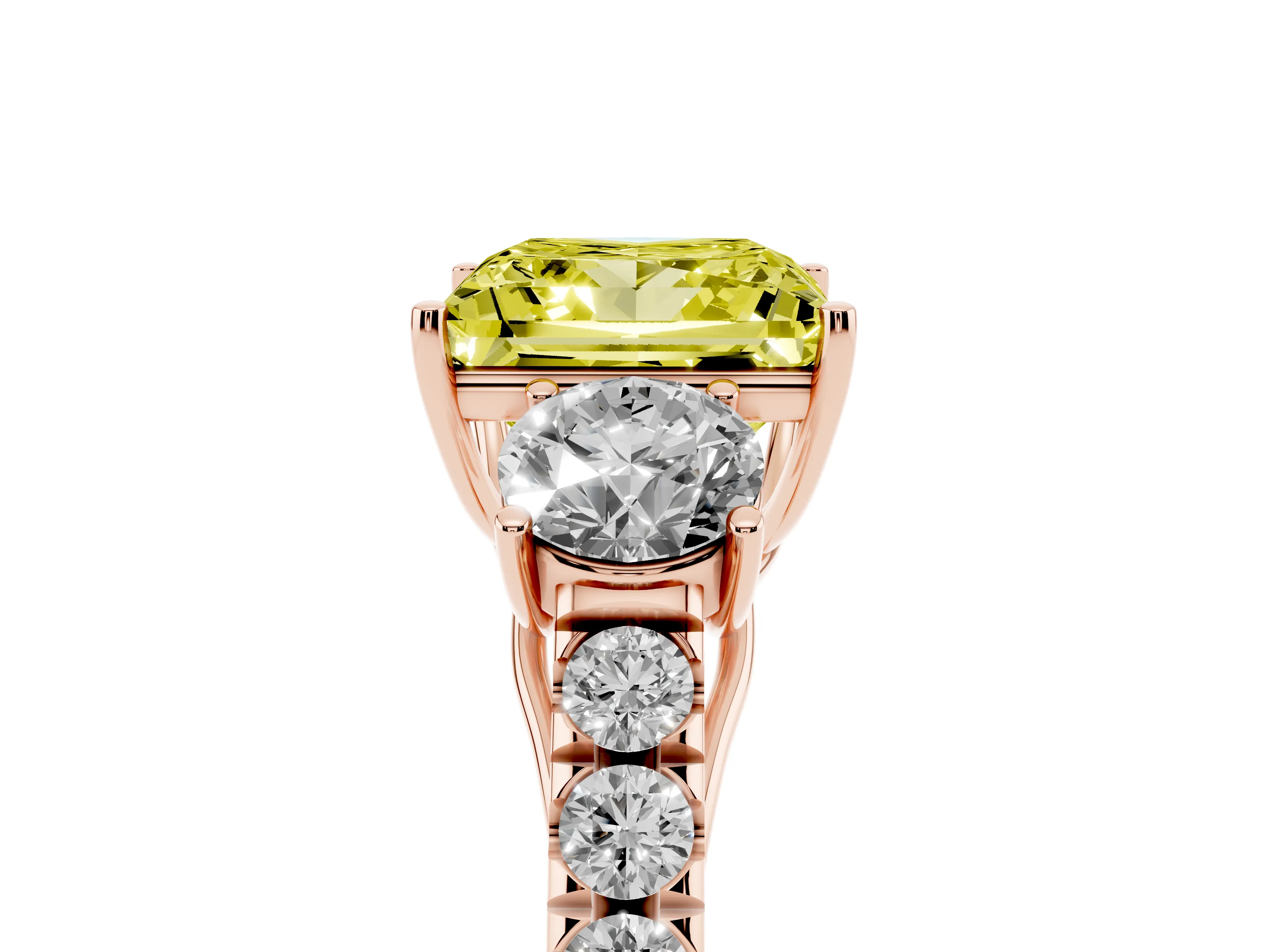 Fancy Yellow Princess Cut Diamond Three-Stone Ring Set in Rose gold with Round Side Stones and Delicate Pavé Band