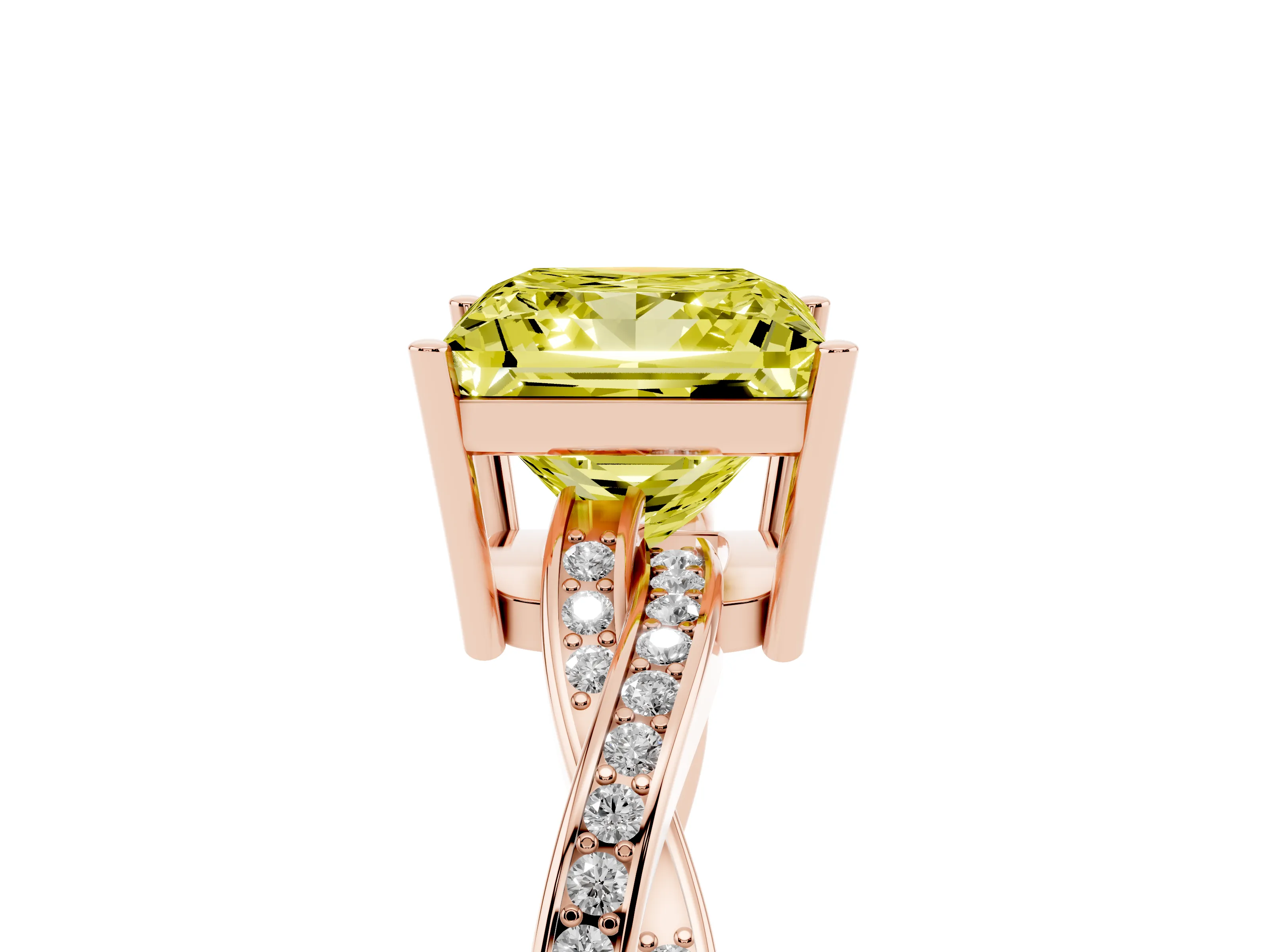 Fancy Yellow Princess Cut Diamond Solitaire Twisted Pavé Ring Set in Rose gold with Prong Setting