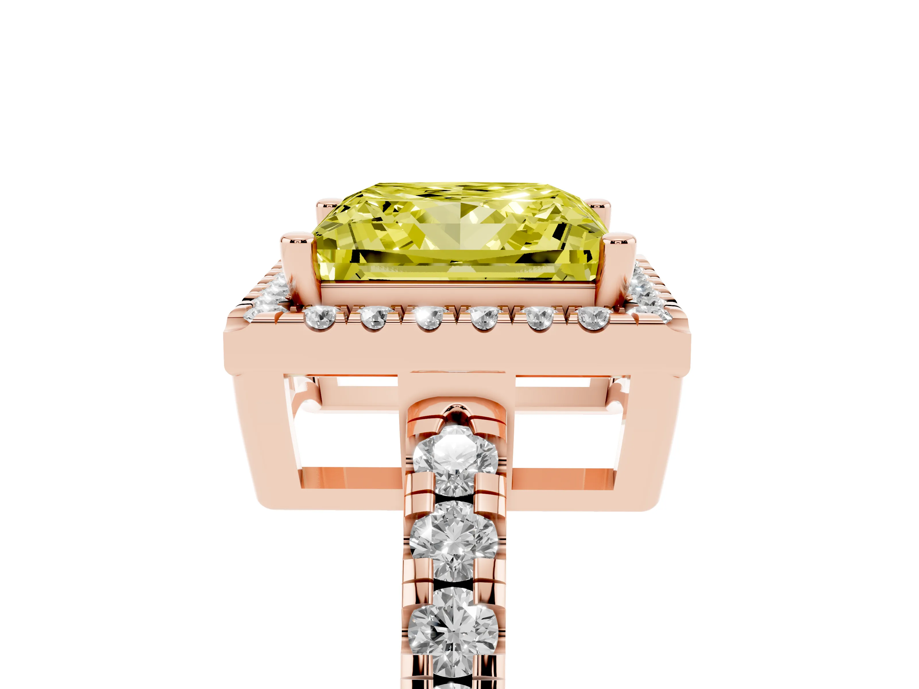 Fancy Yellow Princess Cut Diamond Halo Ring Set in Rose gold with Delicate Pavé Band and Prong Setting