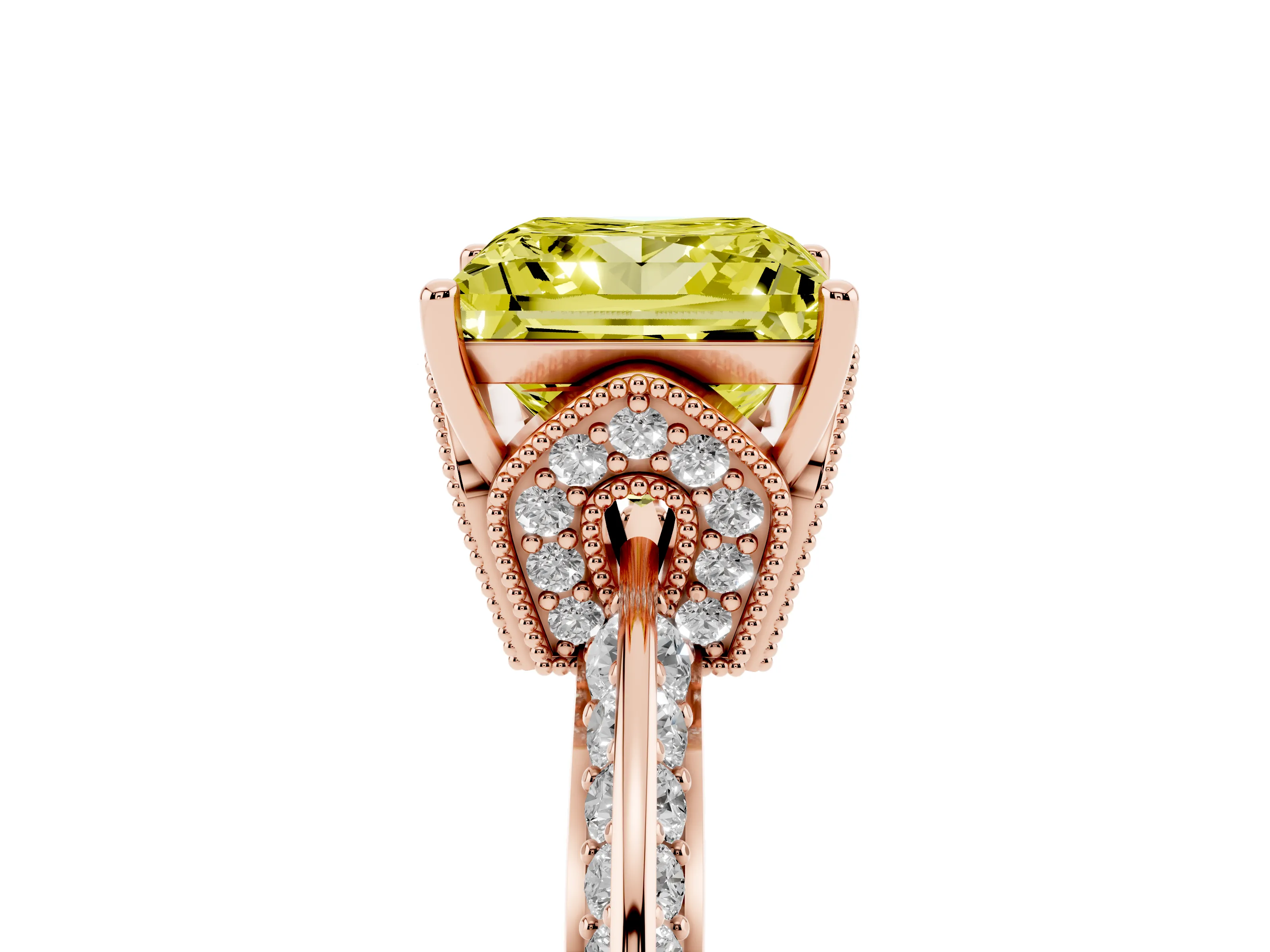 Fancy Yellow Princess Cut Diamond Solitaire Engagement Ring Set in Rose gold with Pavé Split Shank and Prong Setting