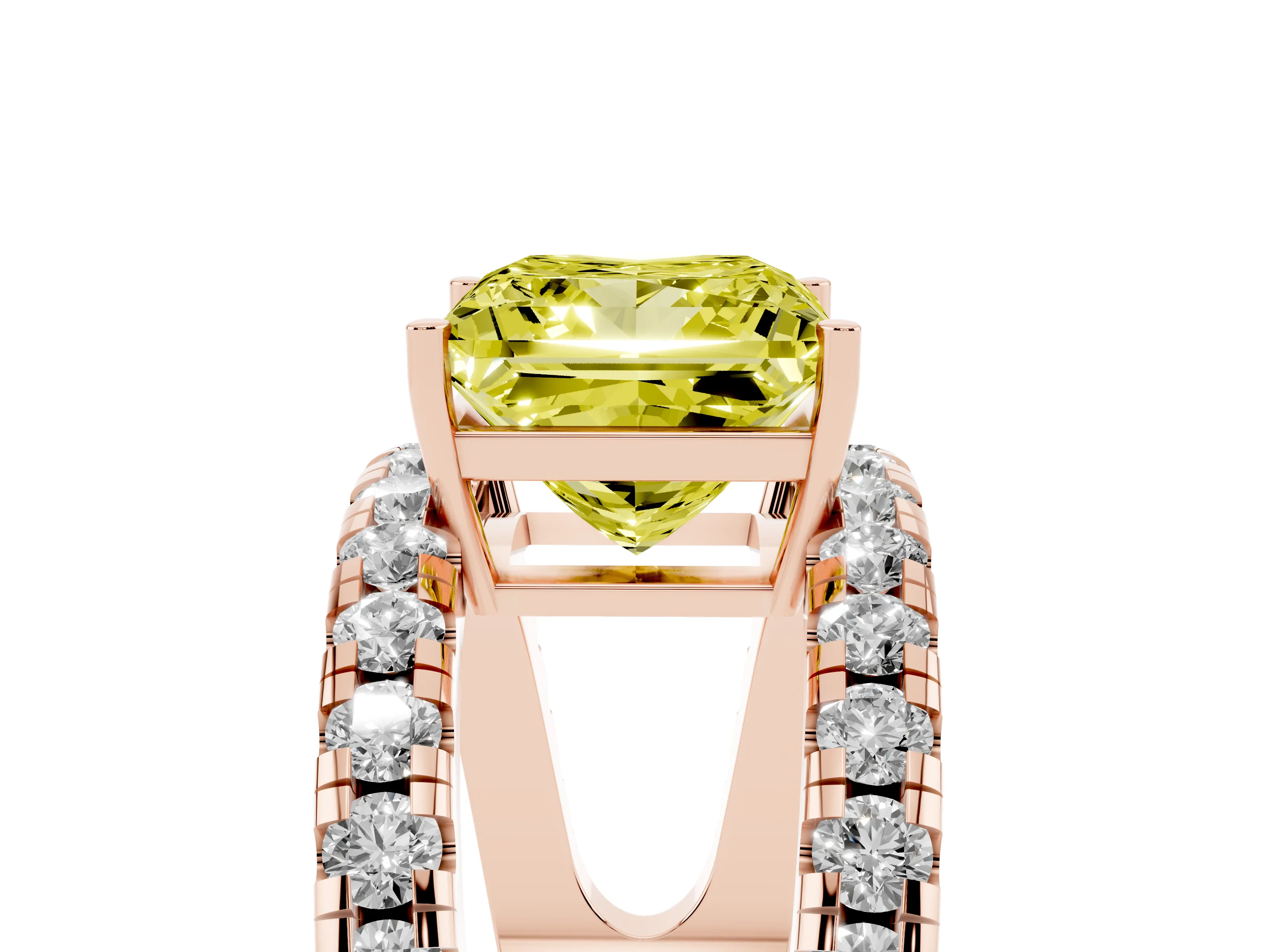 Fancy Yellow Princess Cut Diamond Split Shank Pavé Solitaire Ring Set in Rose gold with Open Shank Design