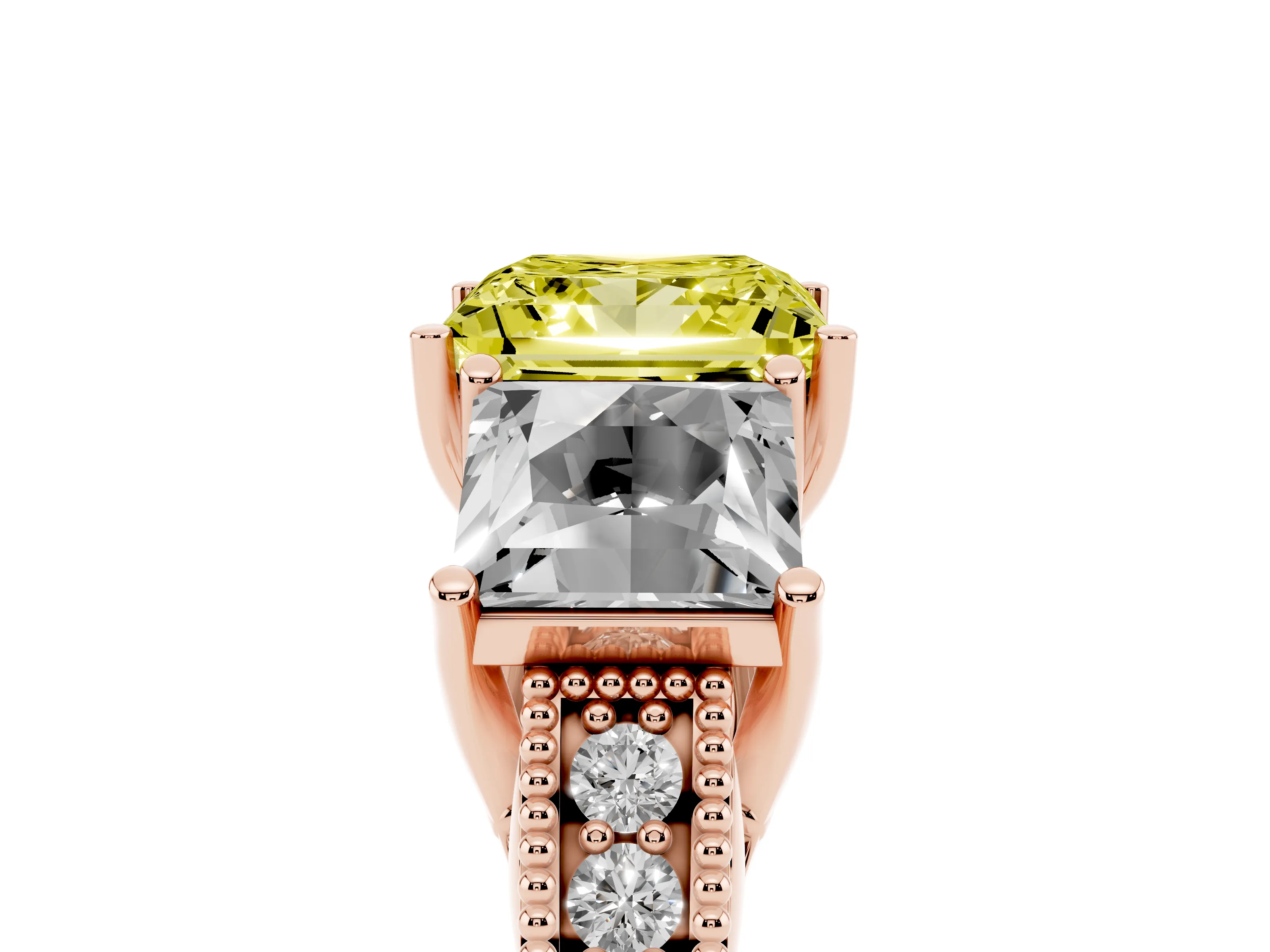 Fancy Yellow Princess Cut Diamond Three-Stone Engagement Ring Set in Rose gold with Milgrain Pavé Band