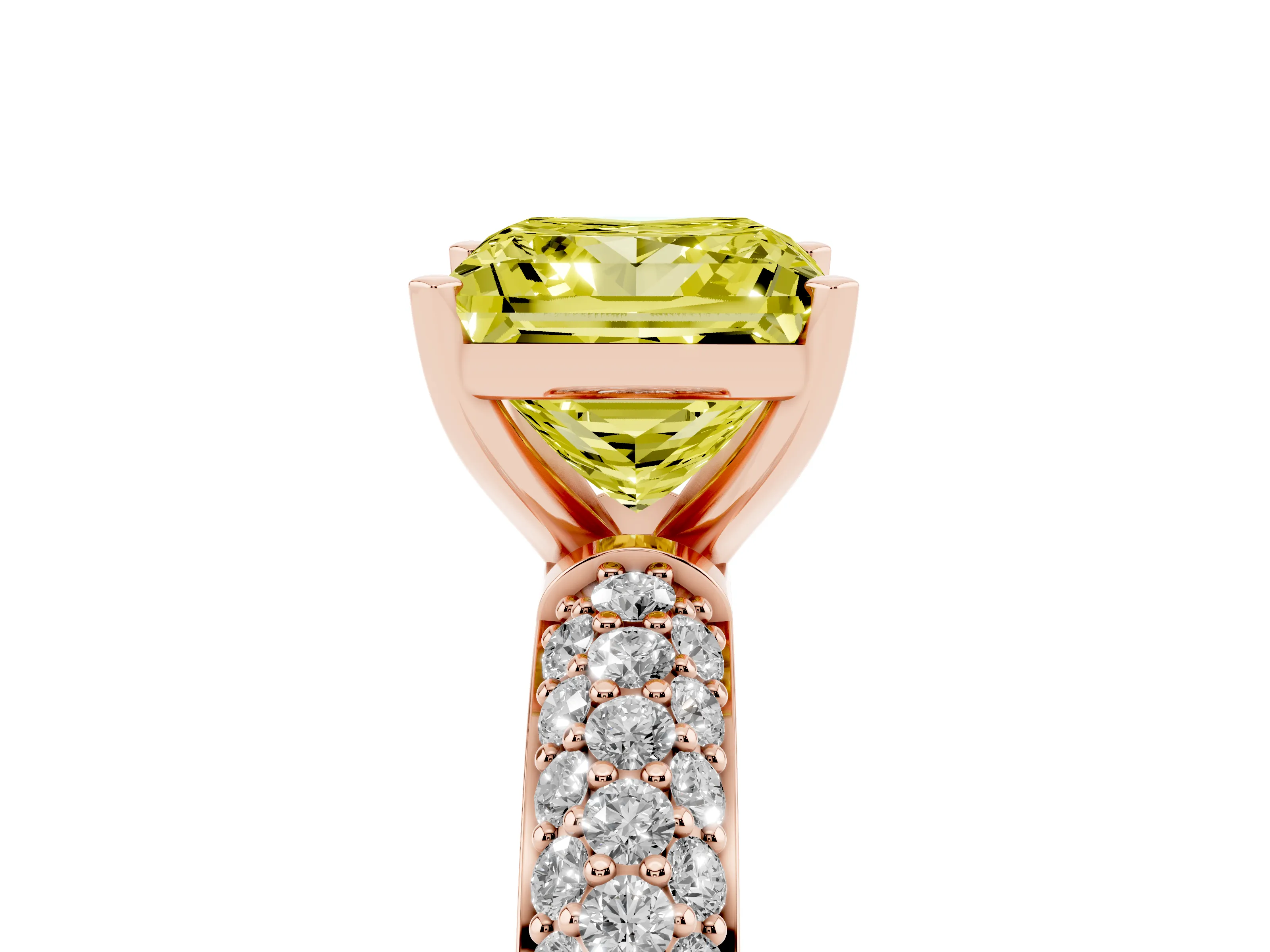 Fancy Yellow Princess Cut Diamond Solitaire Ring Set in Rose gold with Prong Setting and Pavé-Set Band