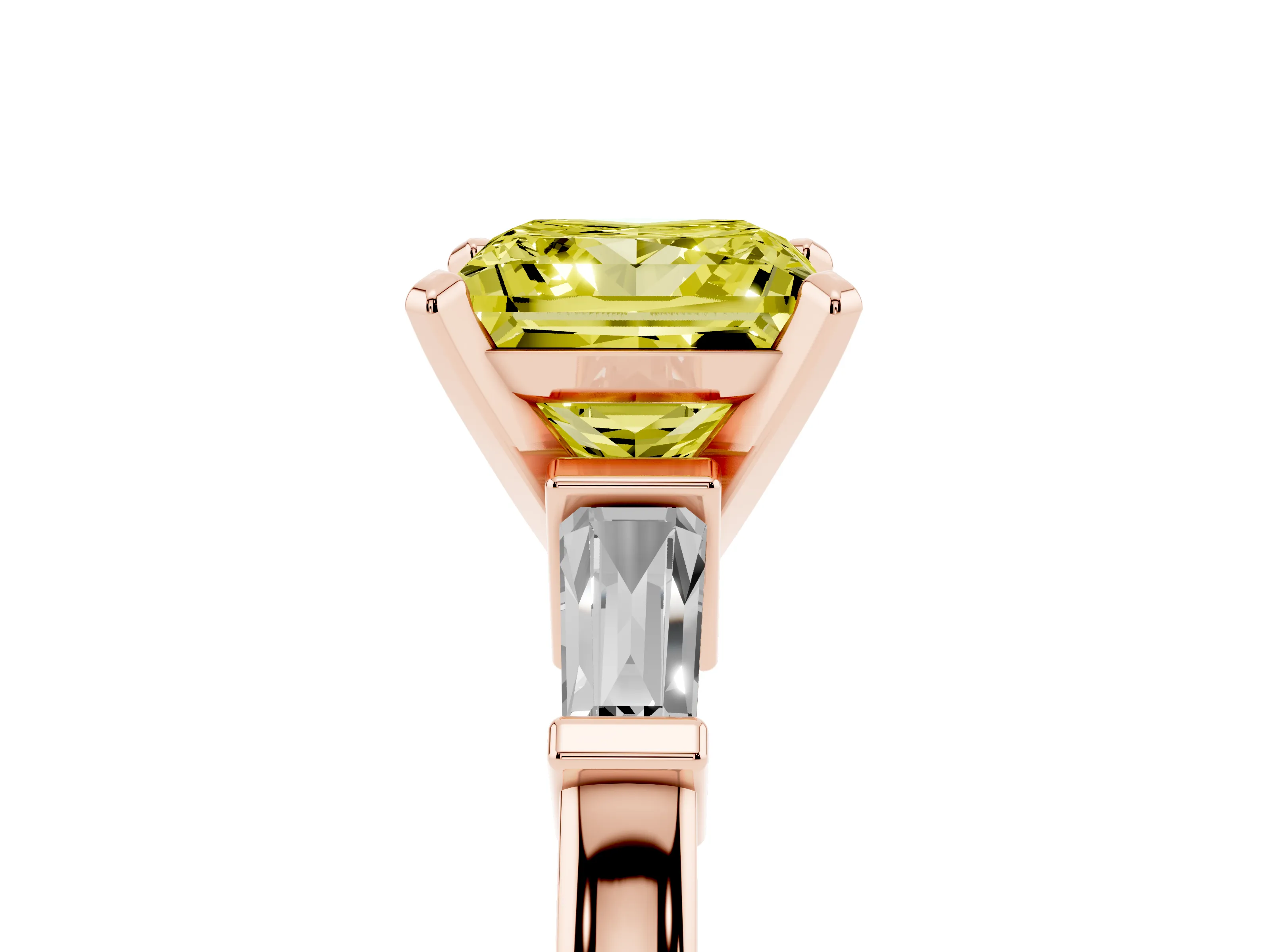 Fancy Yellow Princess Cut Diamond Solitaire Ring Set in Rose gold with Tapered Baguette Accents and Prong Setting